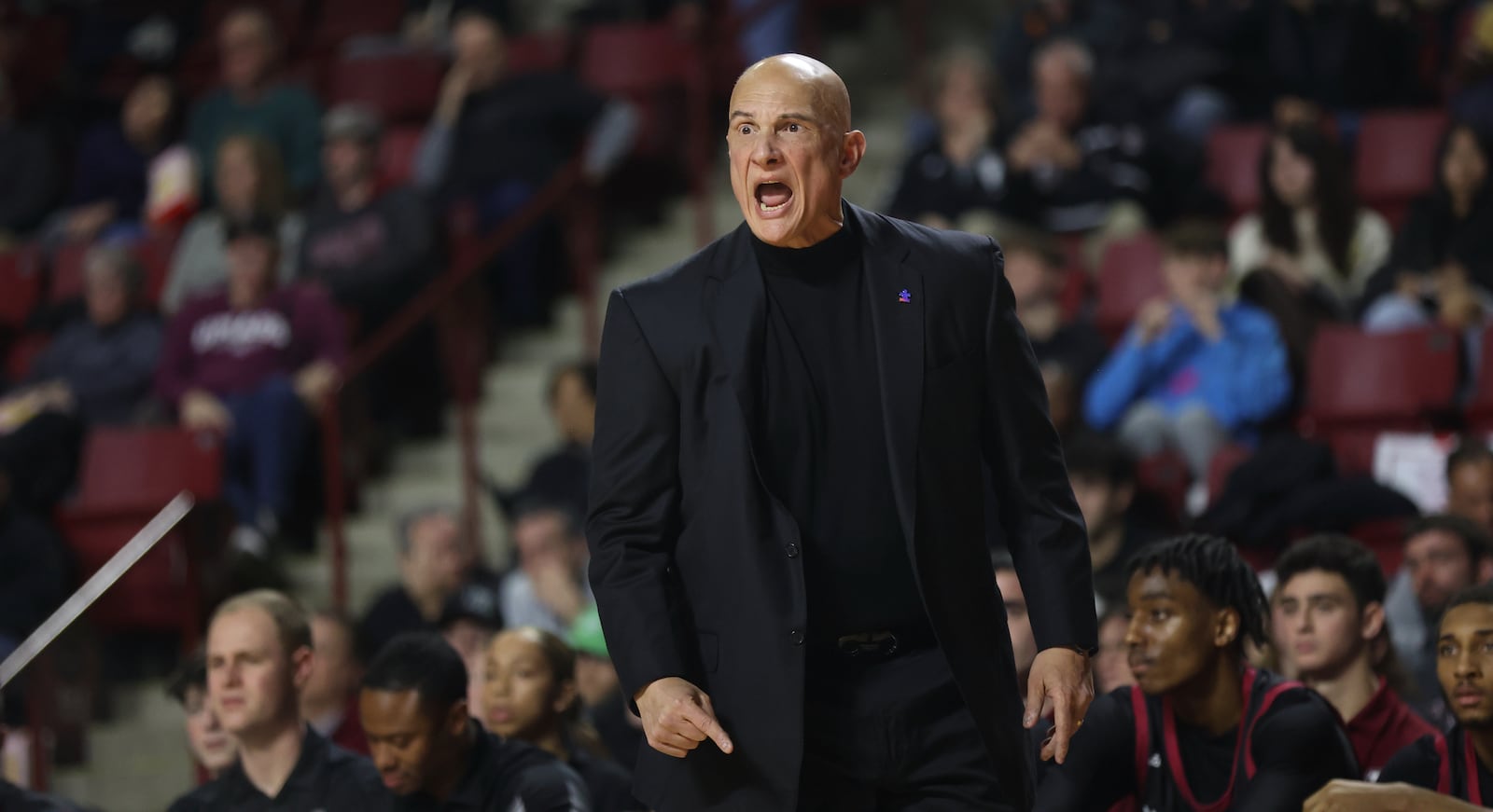 Frank Martin, of Massachusetts, coaches during a game against Dayton on Wednesday, Feb. 22, 2023, at the Mullins Center in Amherst, Mass. David Jablonski/Staff