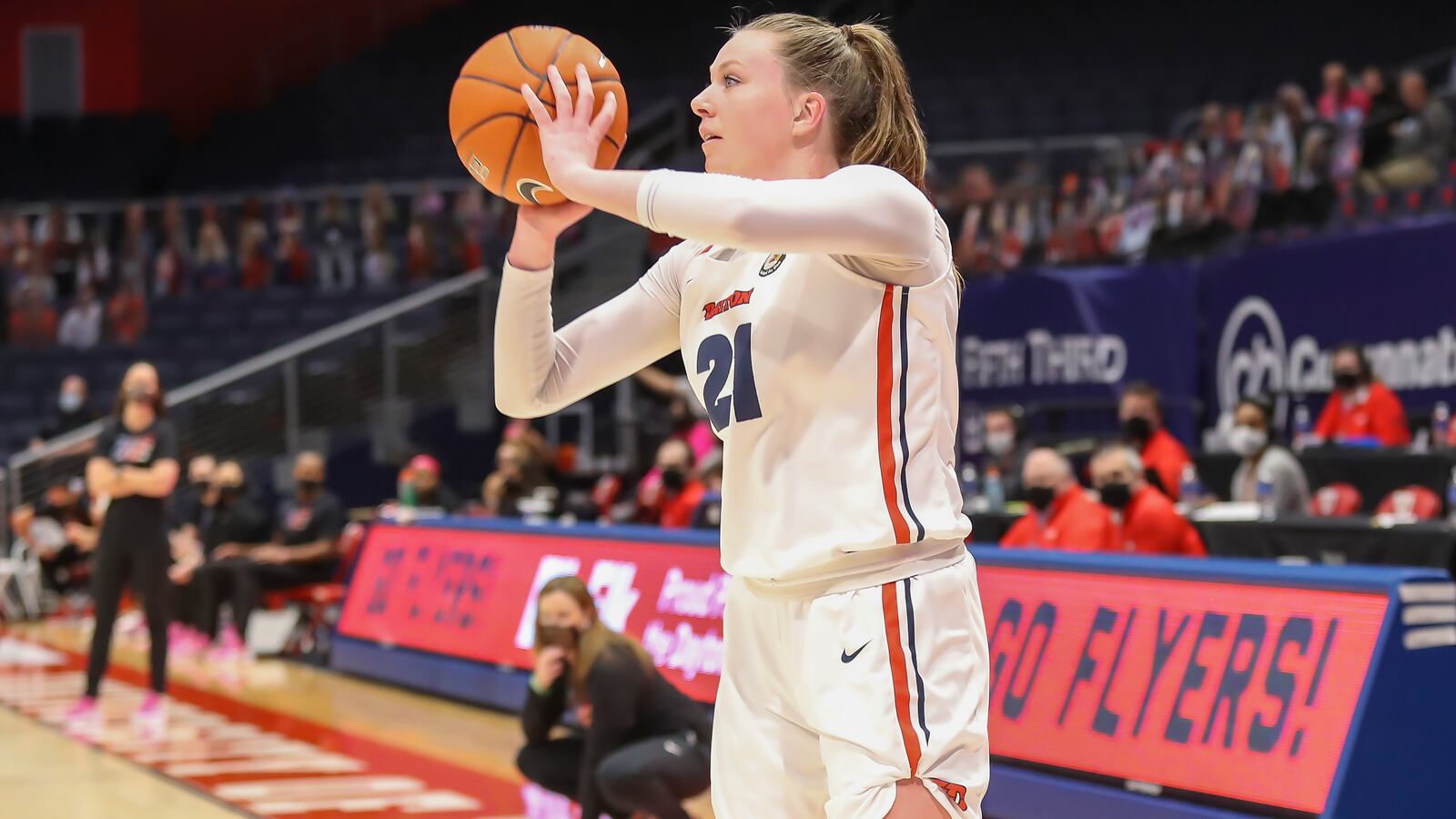 University of Dayton senior Erin Whalen shoots a 3-pointer during their game against VCU on Sunday afternoon at UD Arena. The Flyers won 67-62. CONTRIBUTED PHOTO BY MICHAEL COOPER