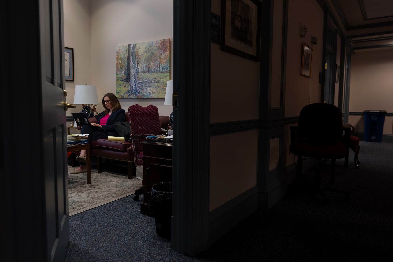 U.S.-Rep.-elect Sarah McBride, D-Del., works in her office on her last day as a Delaware state senator at the Delaware Legislative Hall in Dover, Del., Monday, Dec. 16, 2024. (AP Photo/Carolyn Kaster)