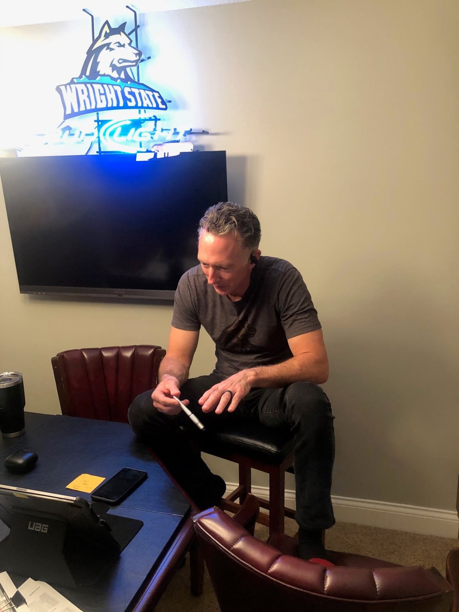 Wright State Director of Athletics Bob Grant in front of his IPad for one of virtual open houses he is having in the evenings to get together with athletes during the Covid-19 pandemic. CONTRIBUTED