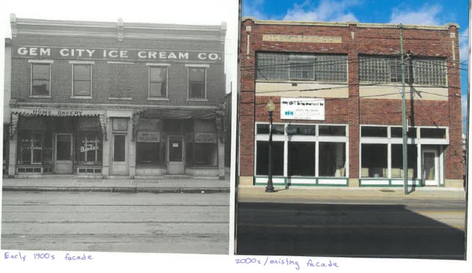 Historical and modern photographs of the Gem City Ice Cream Co. building. CONTRIBUTED