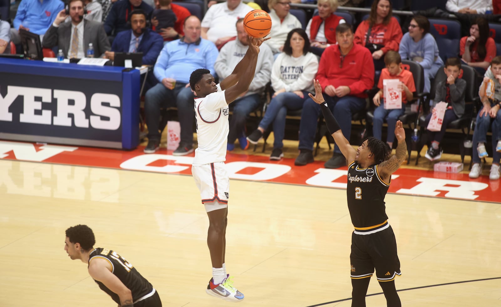 Dayton's Enoch Cheeks shoots against La Salle in the second half on Tuesday, Dec. 31, 2024, at UD Arena. David Jablonski/Staff