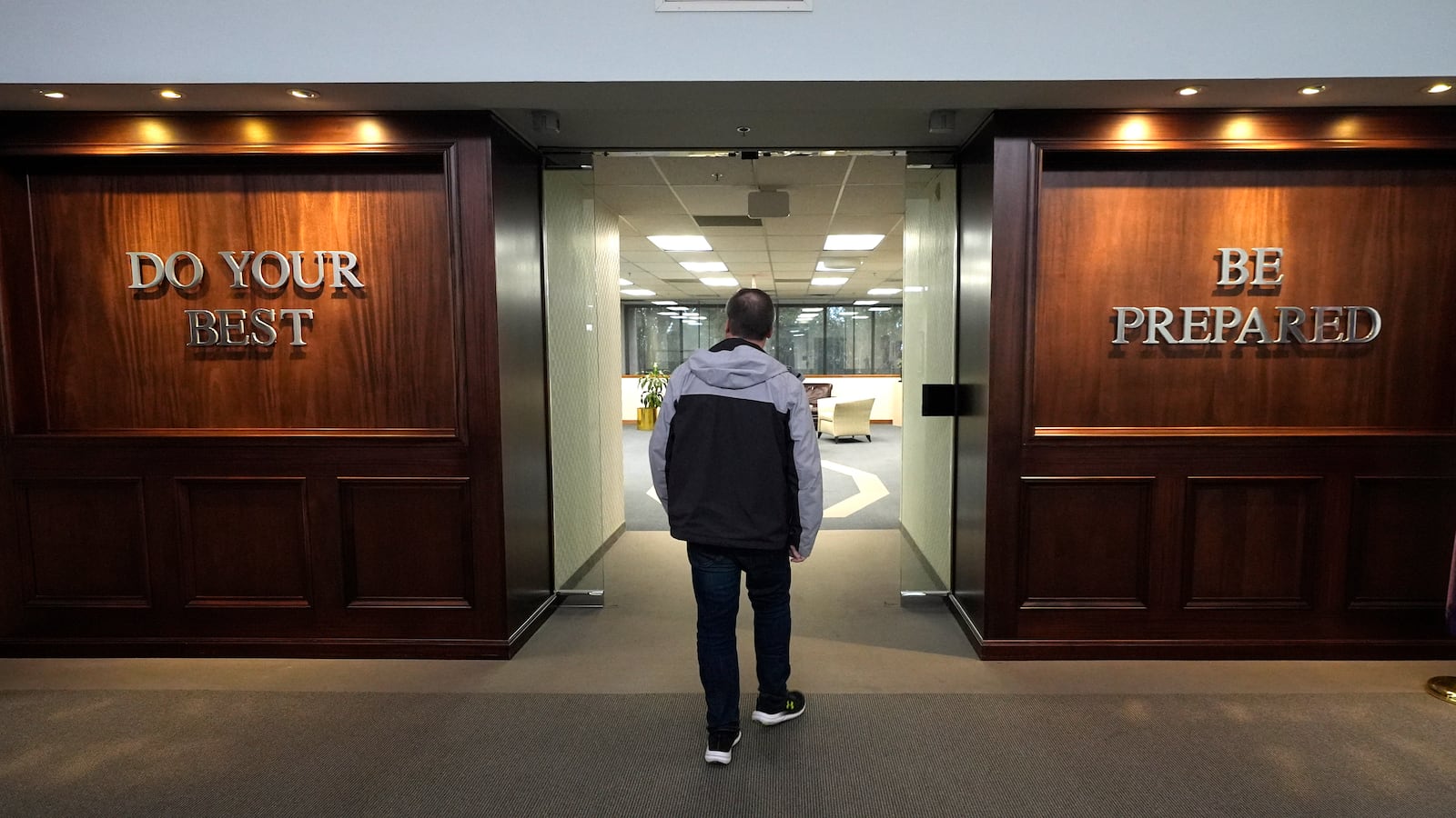 The entrance to Scouting America executive offices is shown in Irving, Texas, Wednesday, Feb. 5, 2025, (AP Photo/LM Otero)