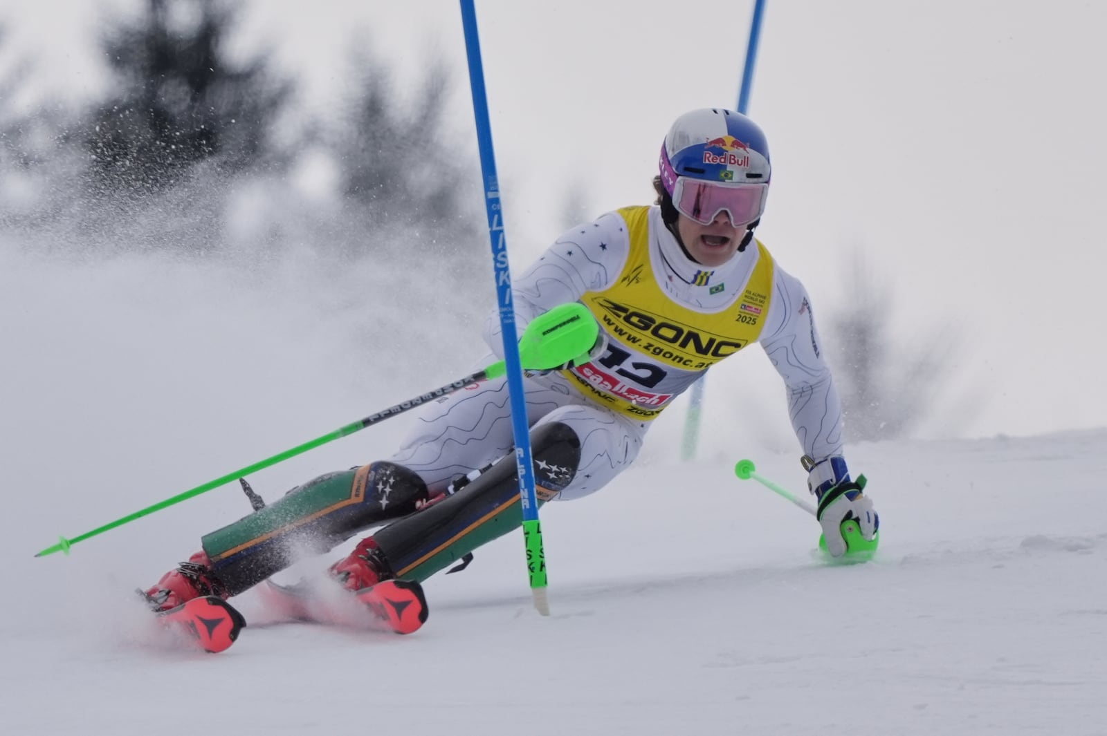 Brazil's Lucas Pinheiro Braathen competes in a men's slalom, at the Alpine Ski World Championships, in Saalbach-Hinterglemm, Austria, Sunday, Feb. 16, 2025. (AP Photo/Giovanni Auletta)