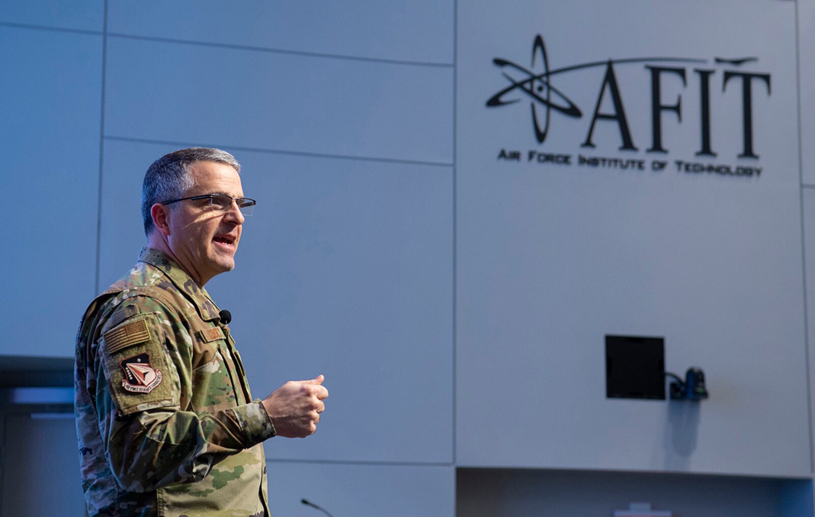 Maj. Gen. William Cooley, who was just removed as Air Force Research Laboratory commander, gave the keynote presentation at the Air Force Institute of Technology centennial symposium on Wright-Patterson Air Force Base in November. (U.S. Air Force photo by R.J. Oriez)