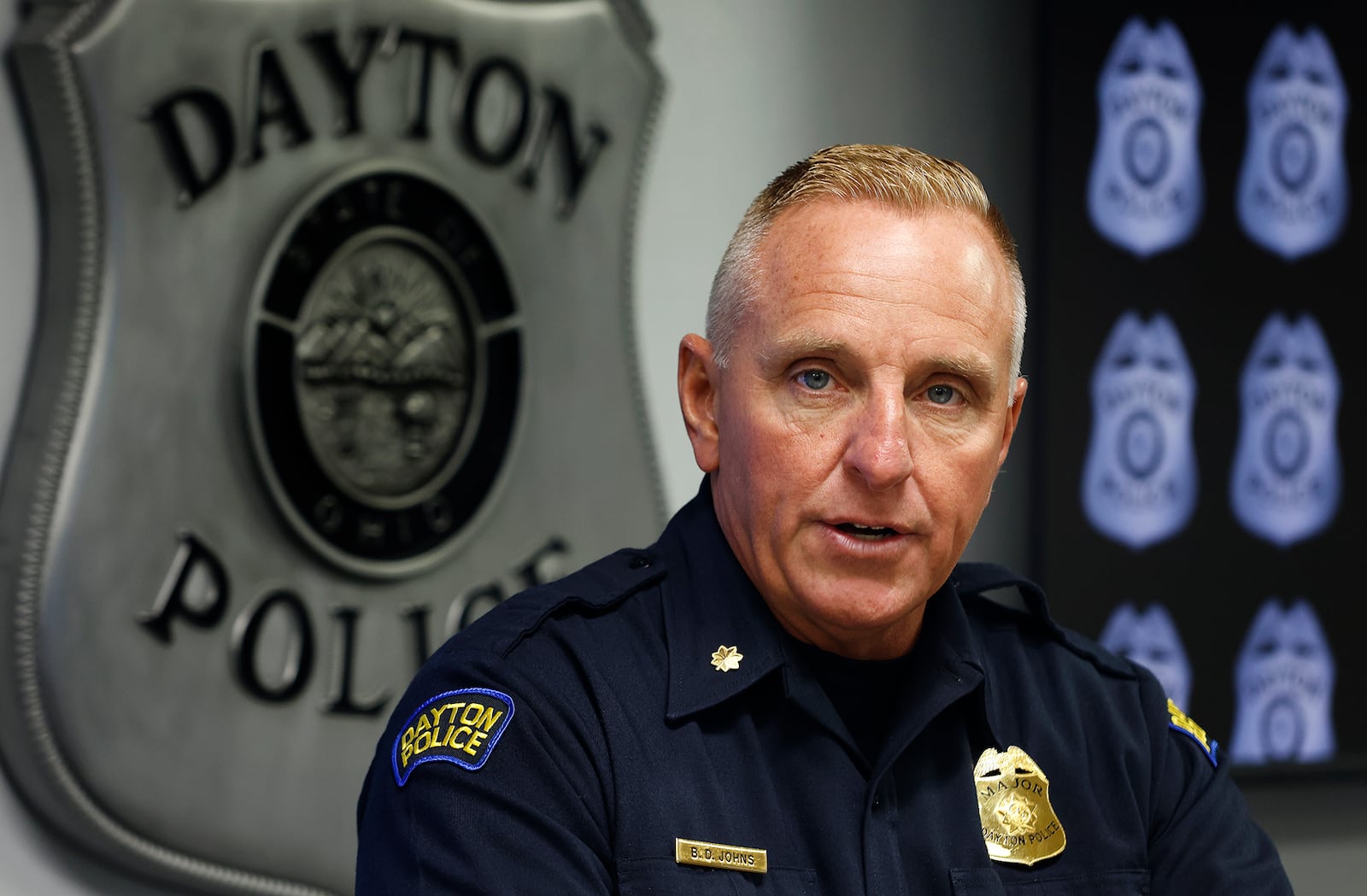 Dayton Police Maj. Brian Johns held a press conference Friday, Aug. 23, 2024 to update the pubic concerning on the fatal shooting of a 12-year-old while sleeping in her bed at her home on W. Fairview Avenue. MARSHALL GORBY\STAFF