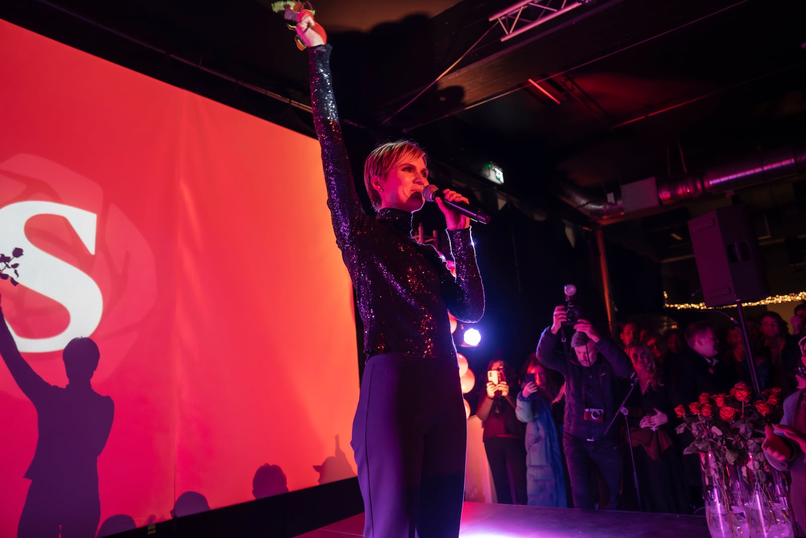 Kristrún Mjöll Frostadóttir, leader of the Samfylking, Social Democratic party, speaks to the crowd at the celebration party following the closure of the polling stations in Reykjavik, Saturday Nov. 30, 2024. (AP Photo/Marco di Marco)