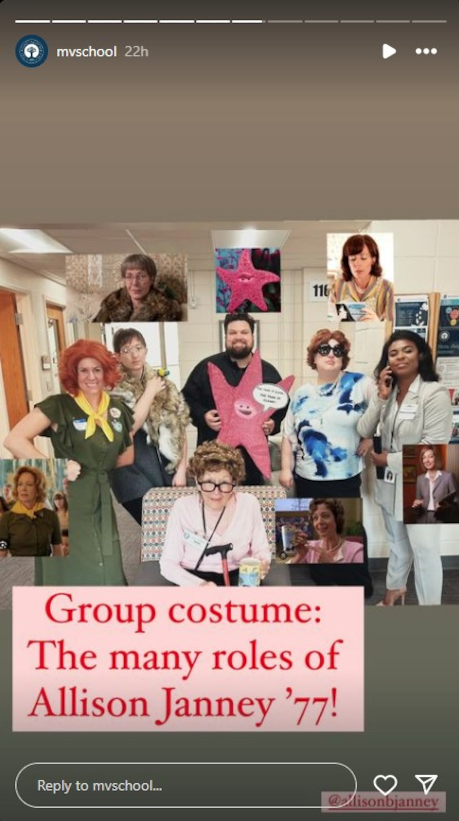 A group of teachers and administrators at Miami Valley School posted an Instagram reel with the caption, "Group costume: The many roles of Allison Janney '77!" PHOTO FROM MIAMI VALLEY SCHOOL INSTAGRAM