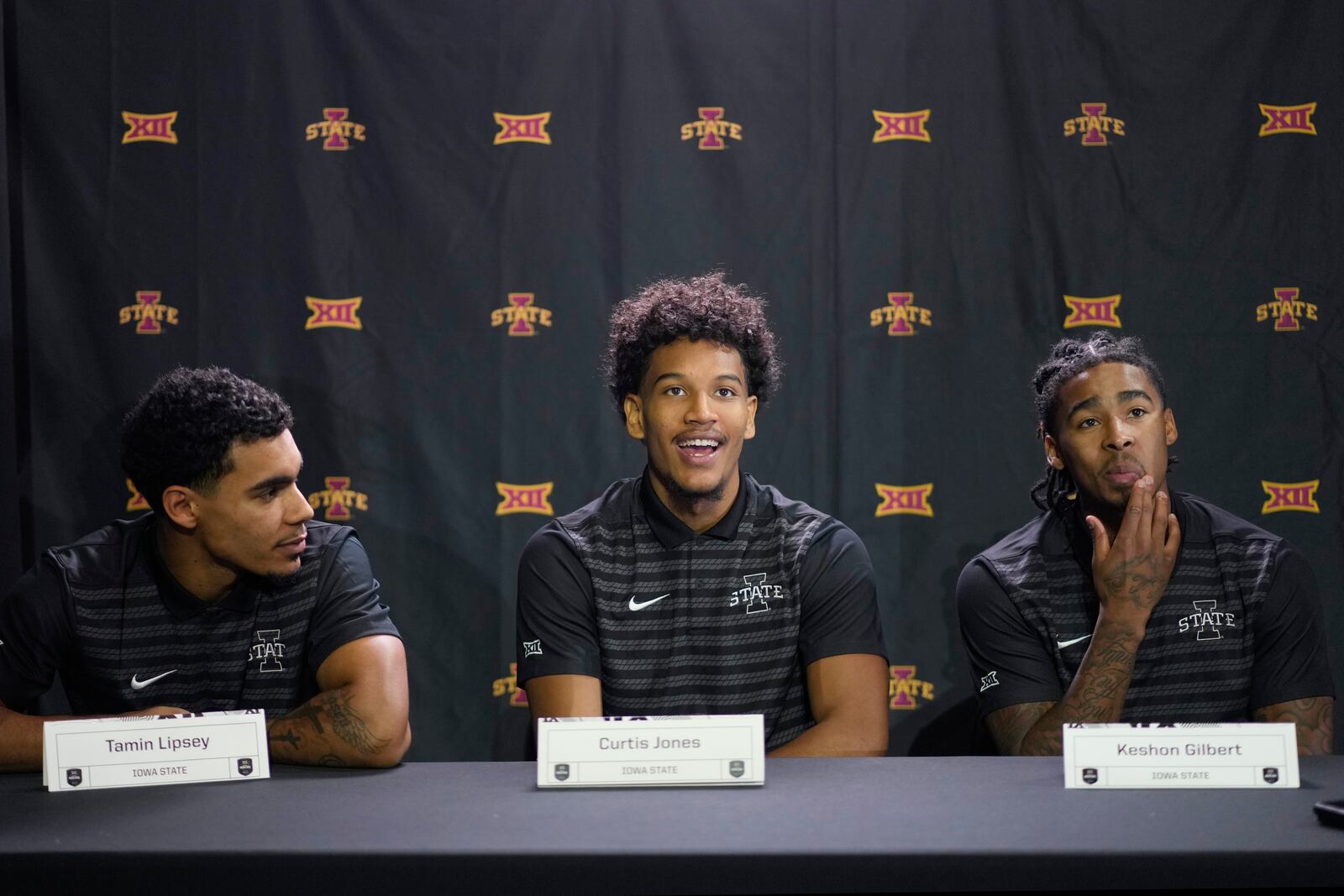 Iowa State's Tamin Lipsey, left, Curtis Jones, center, and Keshon Gilbert talk to the media during the NCAA college Big 12 men's basketball media day, Wednesday, Oct. 23, 2024, in Kansas City, Mo. (AP Photo/Charlie Riedel)