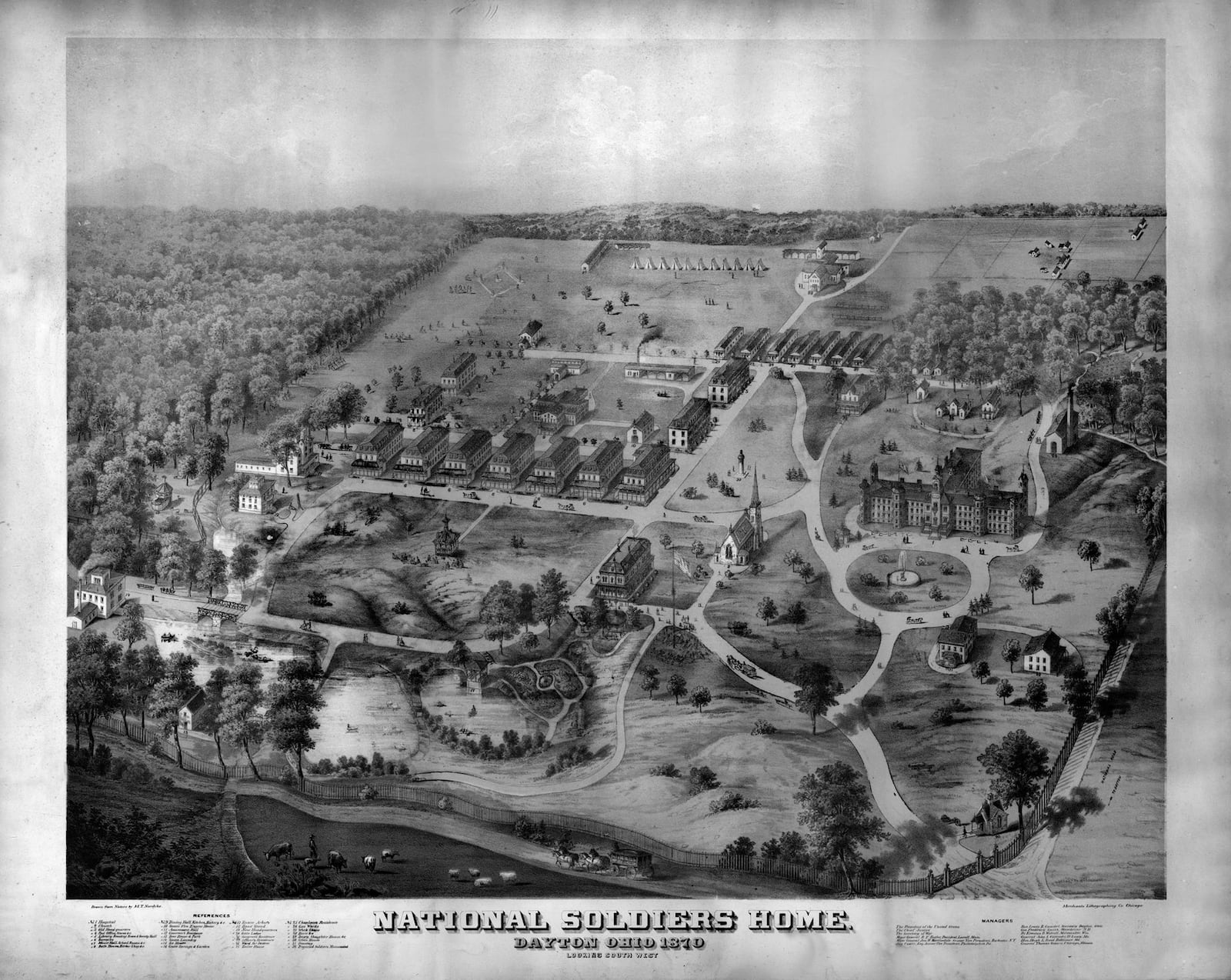 A rendering from 1870 depicts the National Home for Disabled Volunteer Soldiers. The original site was 393 acres. PHOTO COURTESY OF THE DAYTON VA ARCHIVES