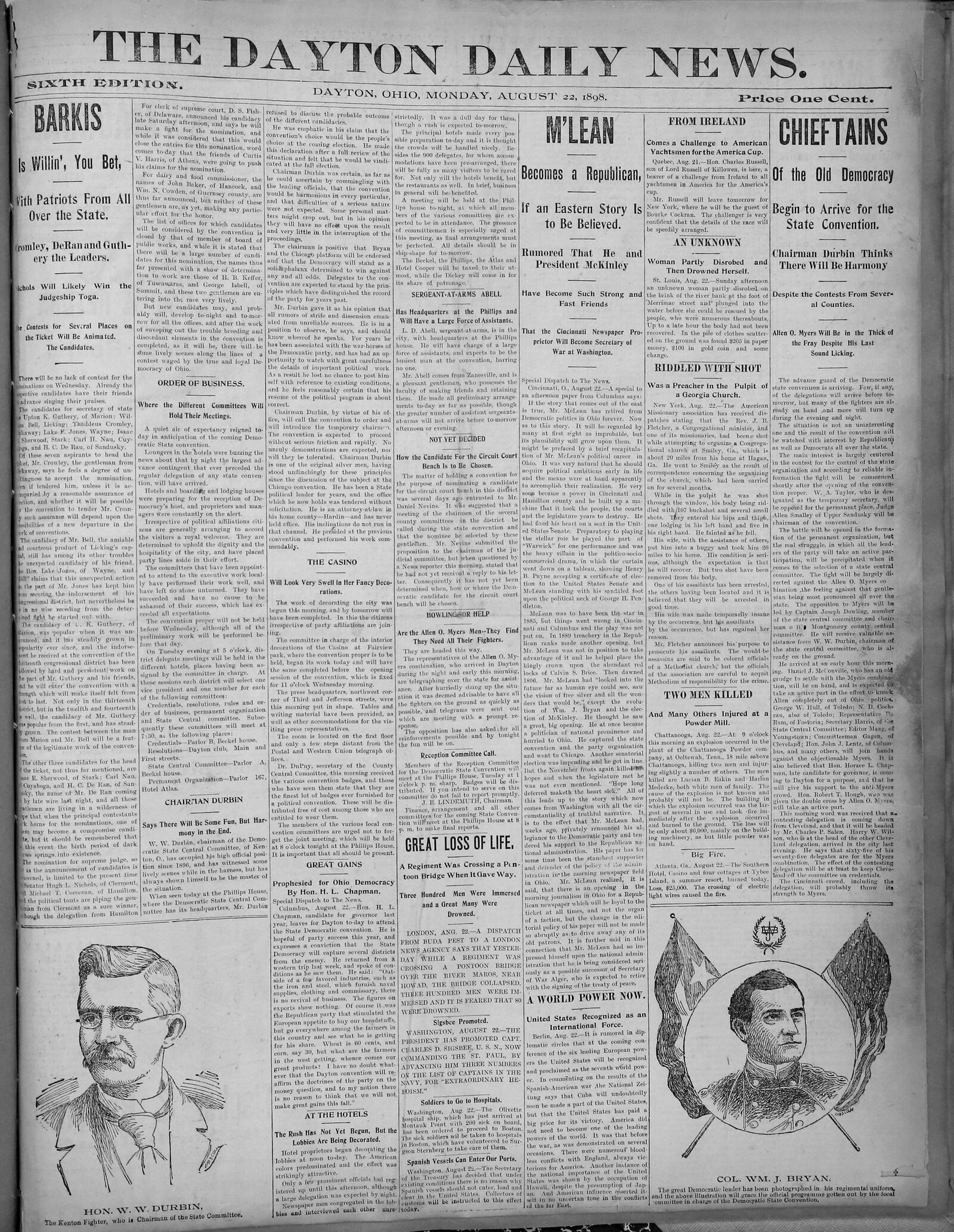 August 22, 1898:  First edition of Dayton Daily News after its name change from the Dayton Evening Herald. VIEW THE FULL-SIZE PAGE: https://www.daytondailynews.com/rw/Pub/p9/DaytonDailyNews/2018/08/14/Images/1898_08_22.jpg