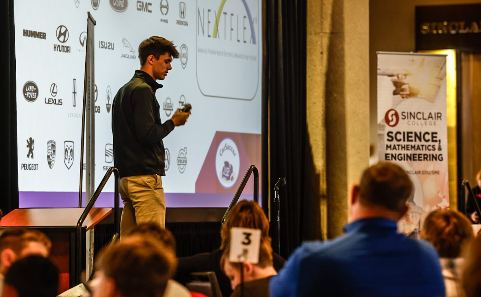 Shawnee High School student Kyle Dingman makes his pitch to the judges at the Regional FlexFactor Competition held at Sinclair College Friday April 19, 2024. The FlexFactor program is a collaborative technology and entrepreneurship program funded by the department of defense, that allows youth to discover the value of a career in advanced manufacturing. JIM NOELKER/STAFF