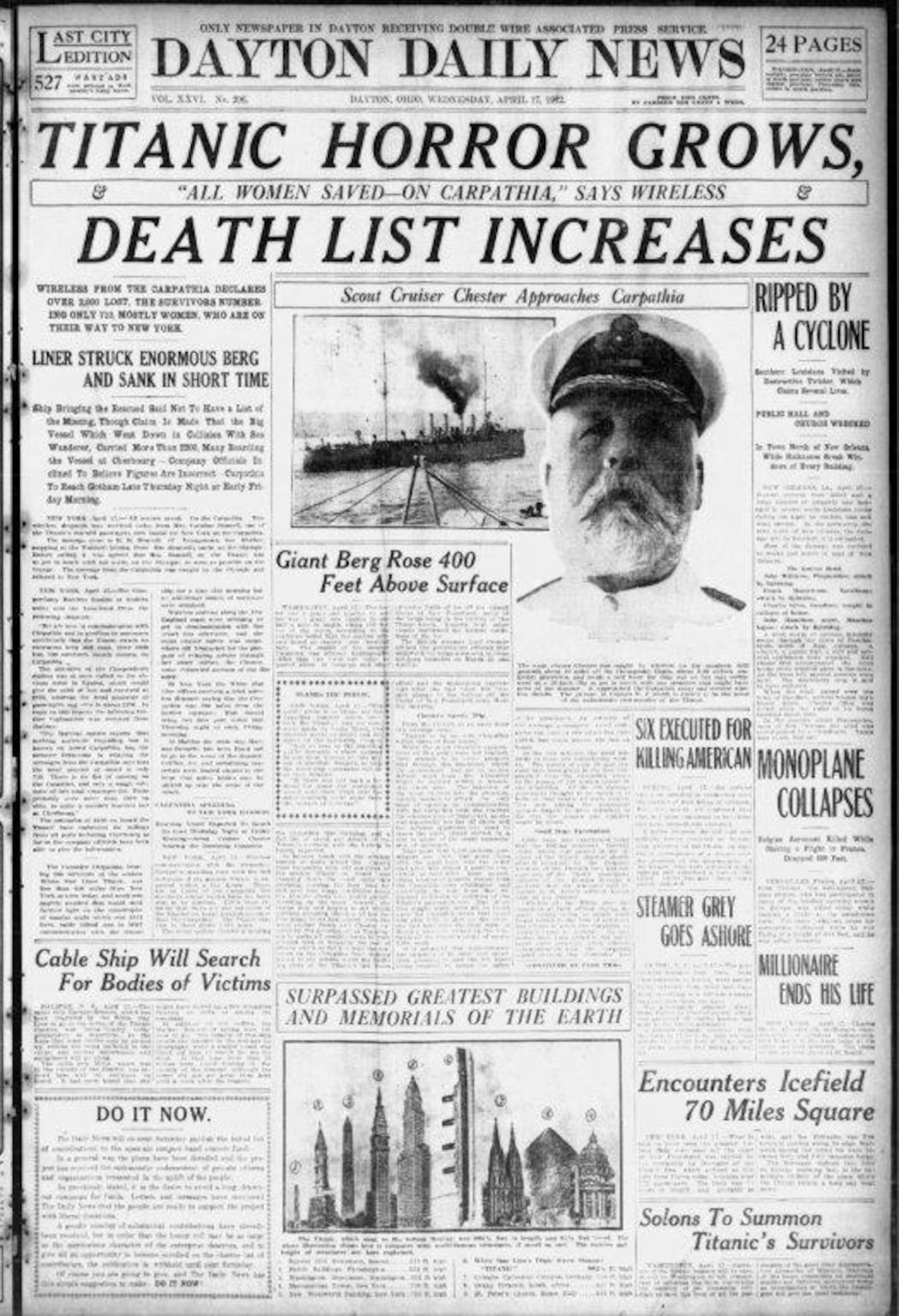 Dayton Daily News front page from April 17, 1912 covering the Titanic sinking.