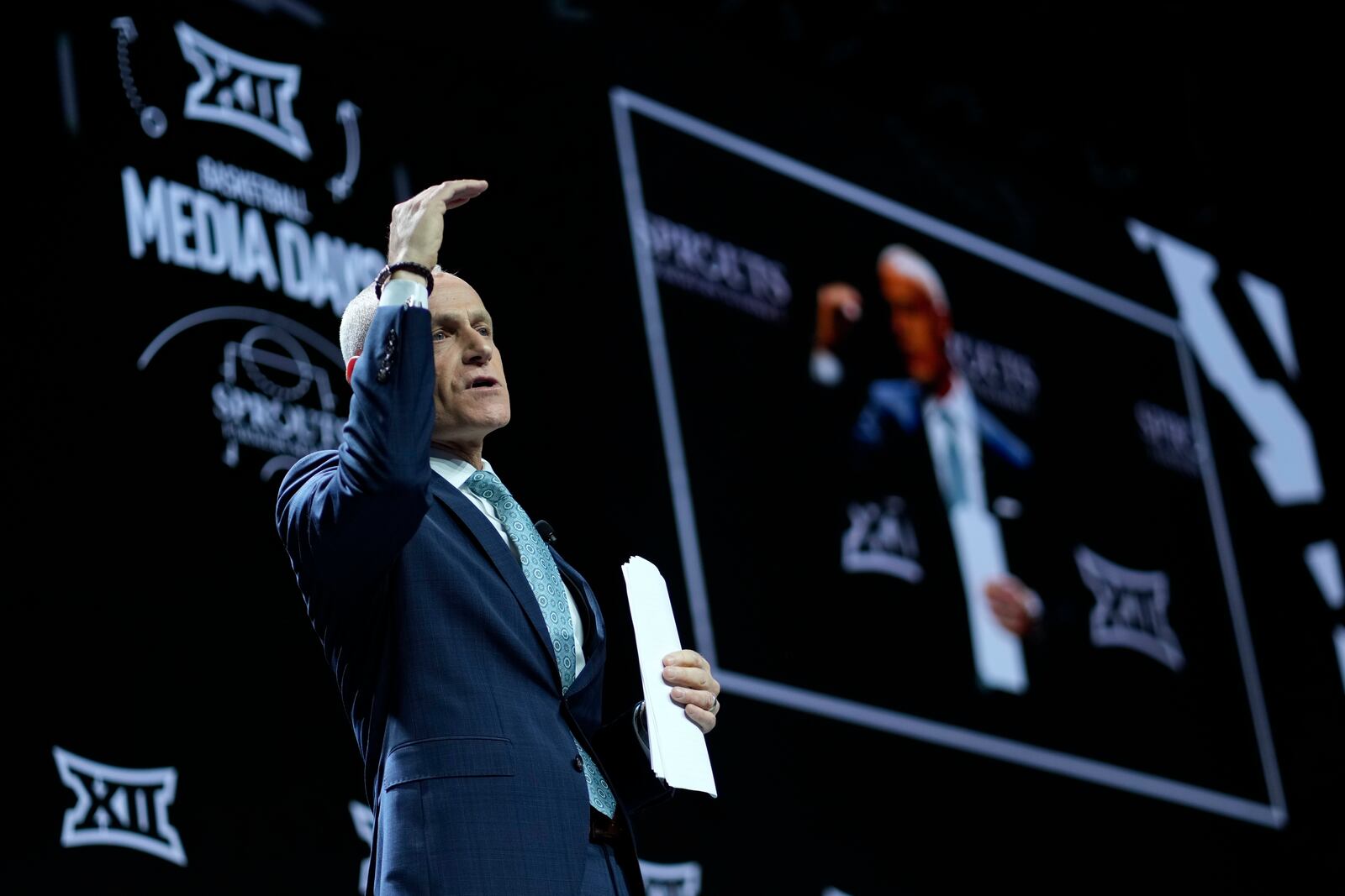 Big 12 Commissioner Brett Yormark addresses the media during the NCAA college Big 12 women's basketball media day, Tuesday, Oct. 22, 2024, in Kansas City, Mo. (AP Photo/Charlie Riedel)