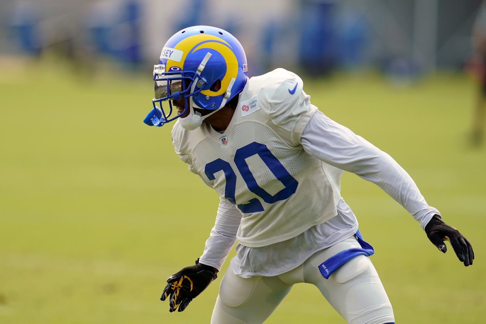 Los Angeles Rams cornerback Jalen Ramsey runs a drill during an NFL football camp practice Tuesday, Aug. 18, 2020, in Thousand Oaks, Calif. (AP Photo/Marcio Jose Sanchez)