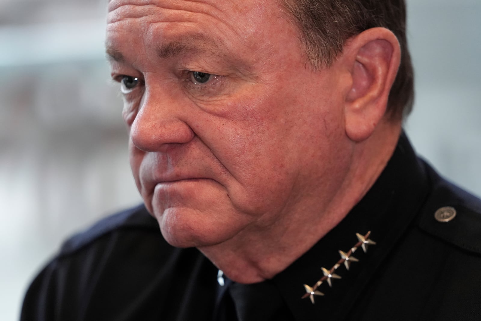 Los Angeles Police Department Chief Jim McDonnell sits for an interview with The Associated Press in Los Angeles, Wednesday, Dec. 4, 2024. (AP Photo/Jae C. Hong)