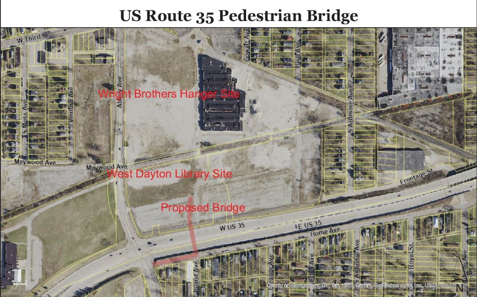 Dayton wants to build a new pedestrian bridge at U.S. 35 and Abbey Avenue. CONTRIBUTED