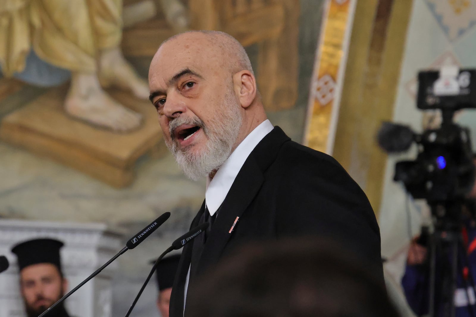 Albania's Prime Minister Edi Rama speaks during the funeral of the late Archbishop Anastasios of Tirana, Durres and All Albania, at the Cathedral of the Resurrection of Christ, in Tirana, Albania, Thursday, Jan. 30, 2025. (AP Photo/Vlasov Sulaj)