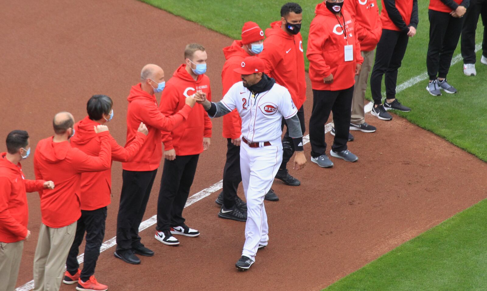 Nick Castellanos, of the Reds, is introduced on Opening Day on Thursday, April 1, 2021, at Great American Ball Park in Cincinnati. David Jablonski/Staff