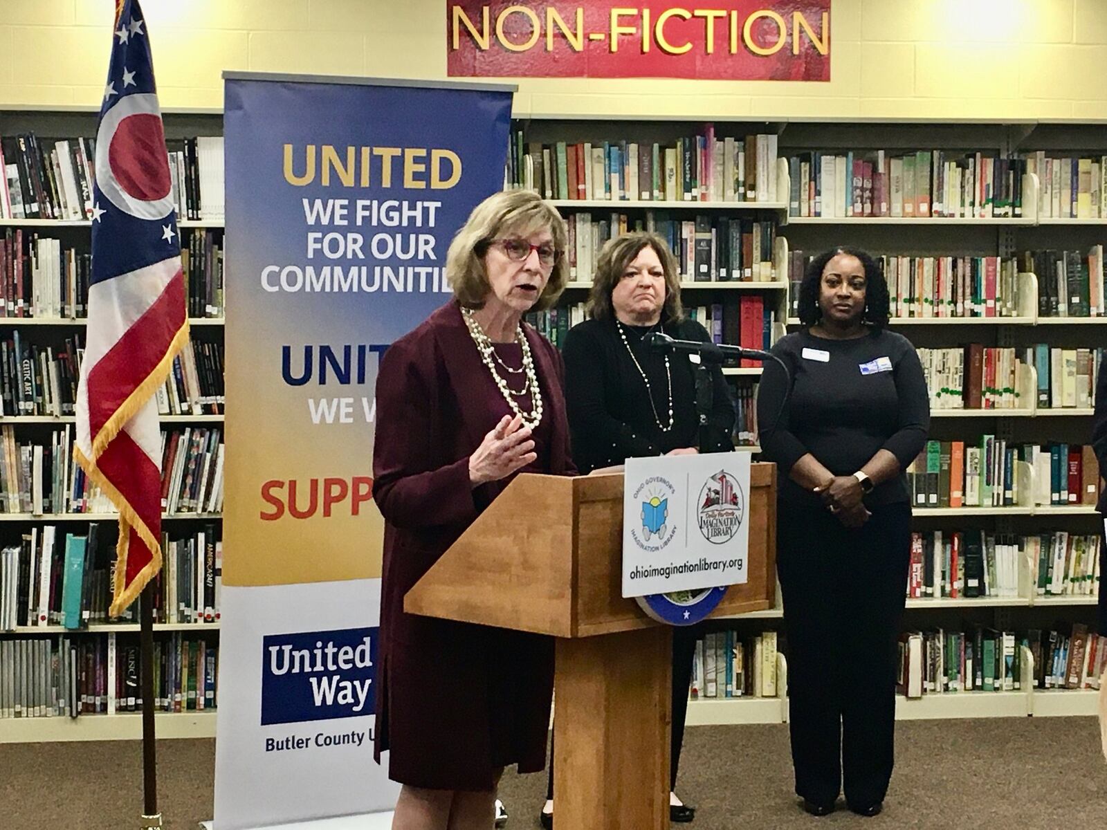 Ohio First Lady Fran DeWine announces an expansion of a state literacy program to include all of Butler County during her visit to Ross High School. DeWine says the joint program, done in conjunction with music and movie star Dolly Parton’s Imagination Library national reading program, will allow 25,000 youngsters in Butler County to start receiving free books to aid in their developing of reading skills. (Photo By Michael D. Clark/Journal-News)