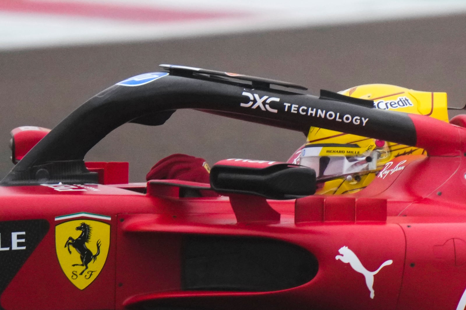 British driver Lewis Hamilton steers a Ferrari Formula One SF-23 at the Ferrari private test track, in Fiorano Modenese, Italy, Wednesday, Jan.22, 2025. (AP Photo/Luca Bruno)