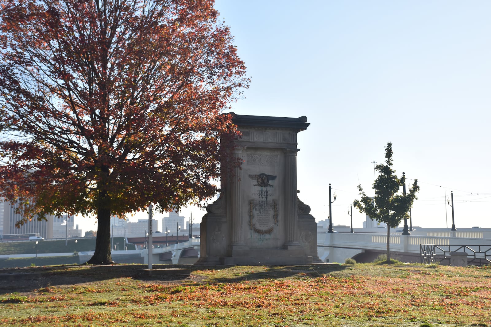 One of the monuments honoring veterans in a city of Dayton park at West Third Street and  Edwin C. Moses Boulevard in West Dayton. The park is will be the home of a new memorial honoring recipients of the Medal of Honor who are from the greater Dayton area. CORNELIUS FROLIK / STAFF