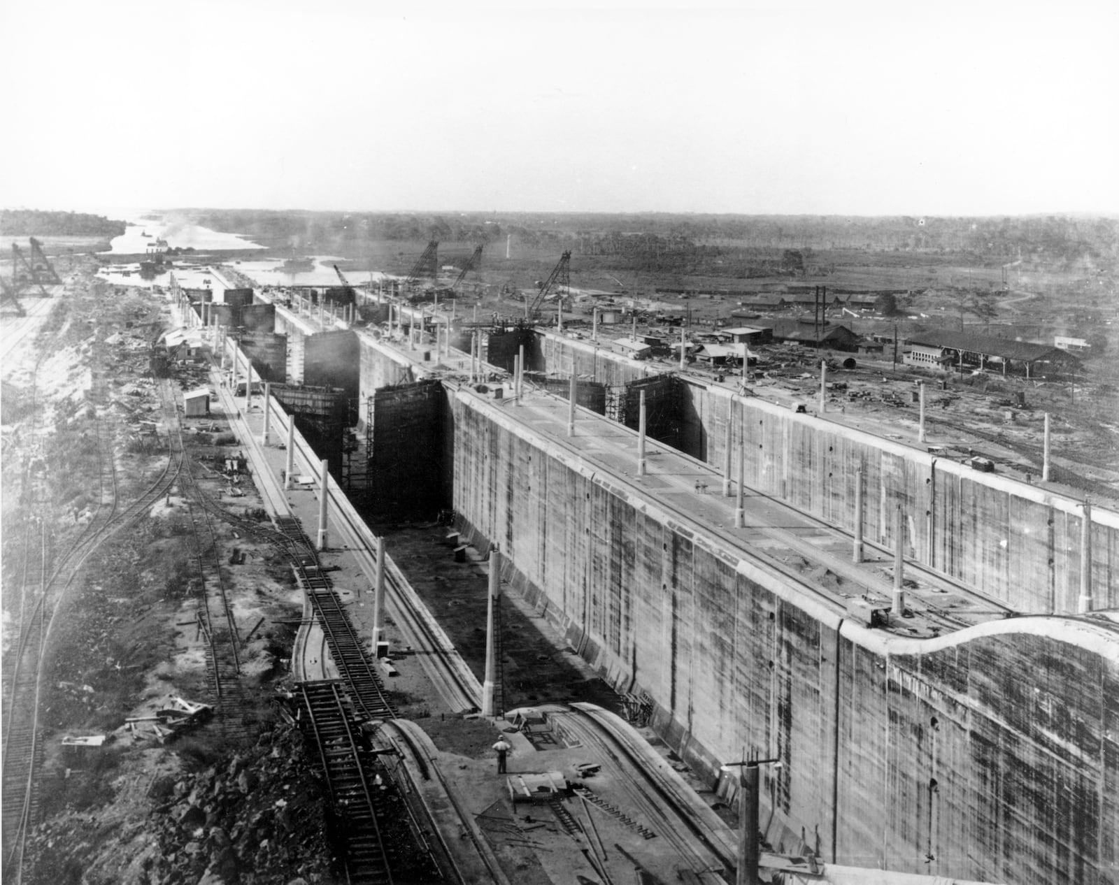 FILE - Looking north from the lighthouse on the west wall is the Gatun middle locks of the Panama Canal in the final stages of construction on June 25, 1913. (AP Photo, File)