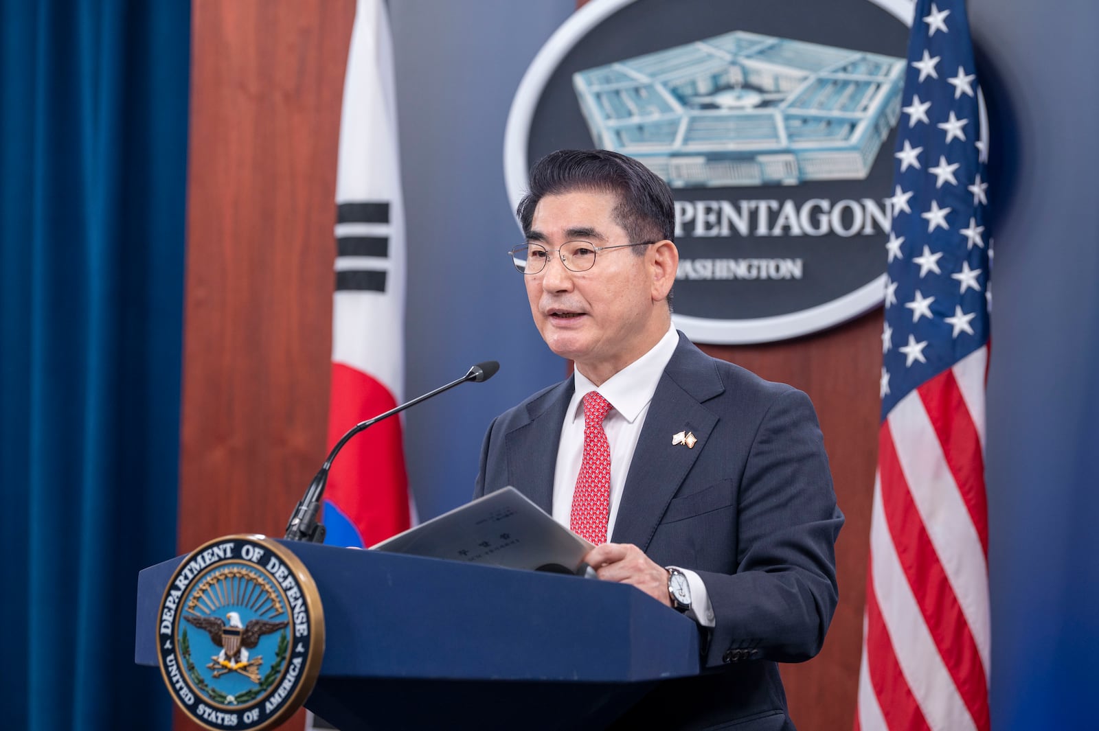 South Korean Defense Minister Kim Yong Hyun speaks during a joint press briefing with Defense Secretary Lloyd Austin at the Pentagon on Wednesday, Oct. 30, 2024 in Washington. (AP Photo/Kevin Wolf)