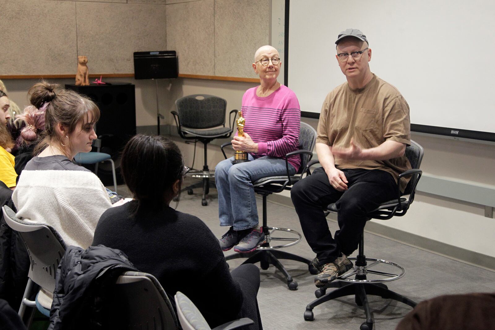 Julia Reichert and Steven Bognar, who won an Oscar in the documentary feature category for âAmerican Factory,â returned to Wright State University Thursday to speak with students in the Department of Theatre, Dance and Motion Pictures. Reichert is a professor emeritus at WSU and Bognar is an alumnus and former motion pictures faculty member. The couple brought their Oscar statuettes for the students to pass around and shared their documentary film making process. âAmerican Factoryâ follows the creation of the Chinese-owned automotive glass-factory Fuyao Glass America in the same building that had once housed a General Motors assembly operation in Moraine. LISA POWELL / STAFF