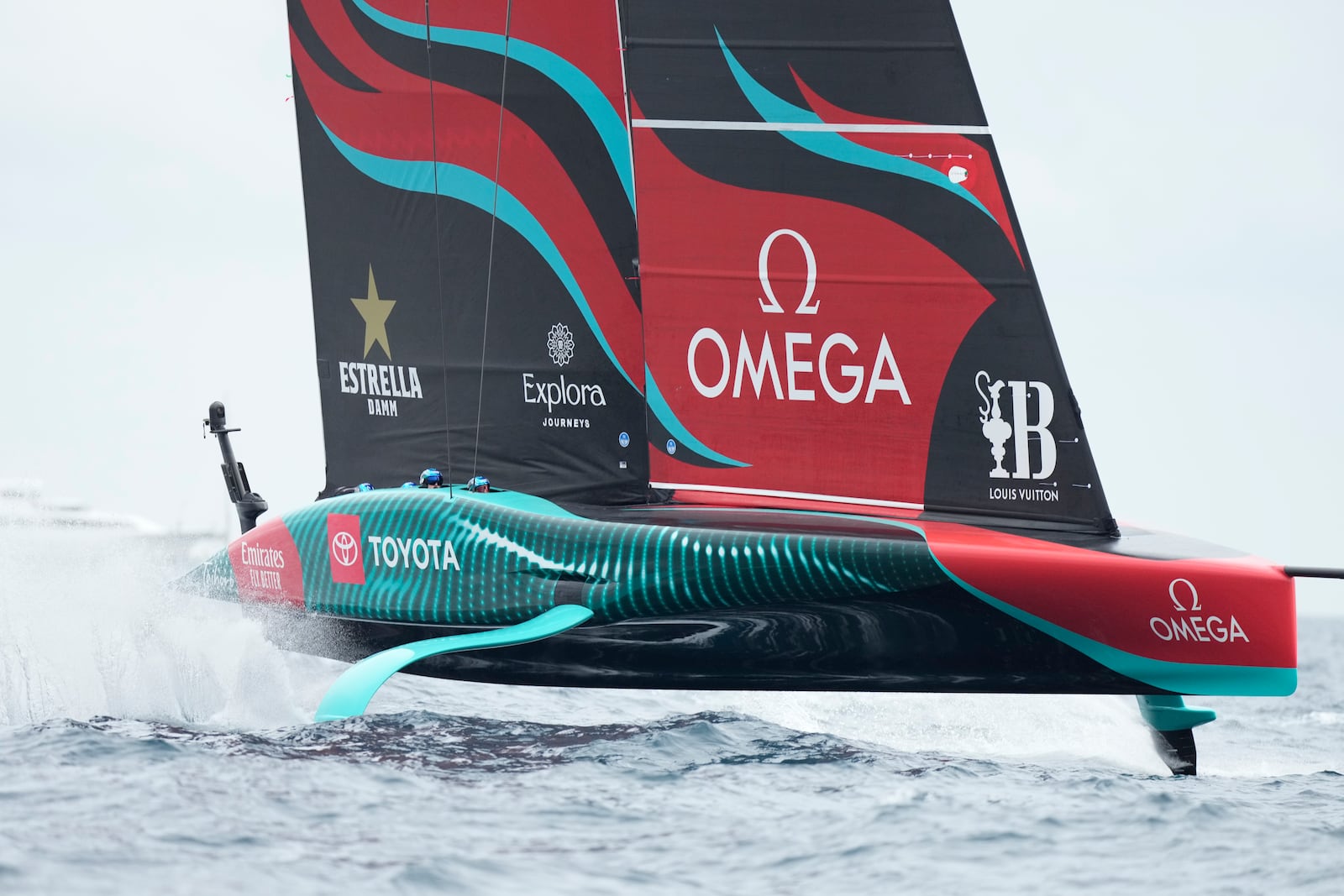 Emirates Team New Zealand races during the Louis Vuitton 37th America's Cup race in Barcelona, Spain, Saturday, Oct. 12, 2024. (AP Photo/Bernat Armangue)