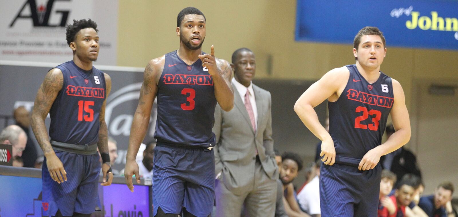 Dayton’s John Crosby, Trey Landers and Jack Westerfield enter the game against La Salle on Wednesday, Feb. 28, 2018, at Tom Gola Arena in Philadelphia. David Jablonski/Staff