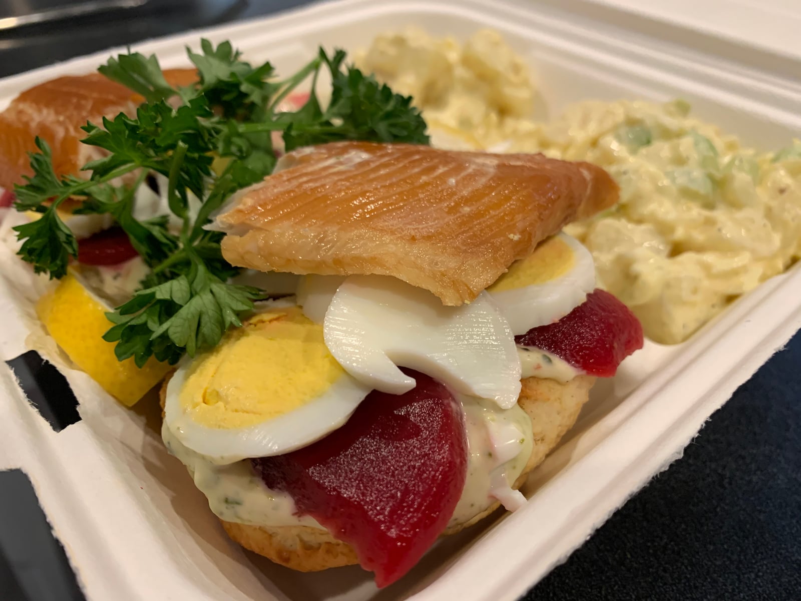 Salt Block Biscuit Company Caster and Whaler biscuit sandwich topped with smoked trout, hard-boiled egg, pickled beets and onion, herb aioli and parsley. CONTRIBUTED/ALEXIS LARSEN