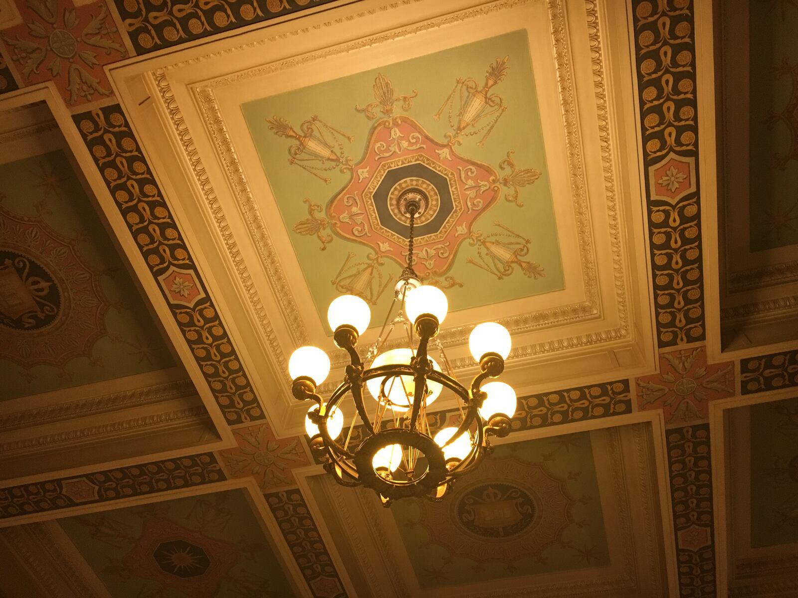 The hand-painted ceilings at the Dayton Masonic Center  feature stunning attention to detail.