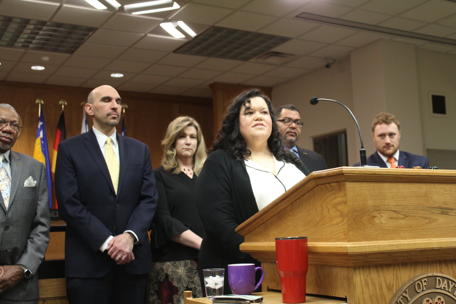 Barbara Doseck, Dayton's law director, speaks at a city of Dayton press conference. CORNELIUS FROLIK / STAFF