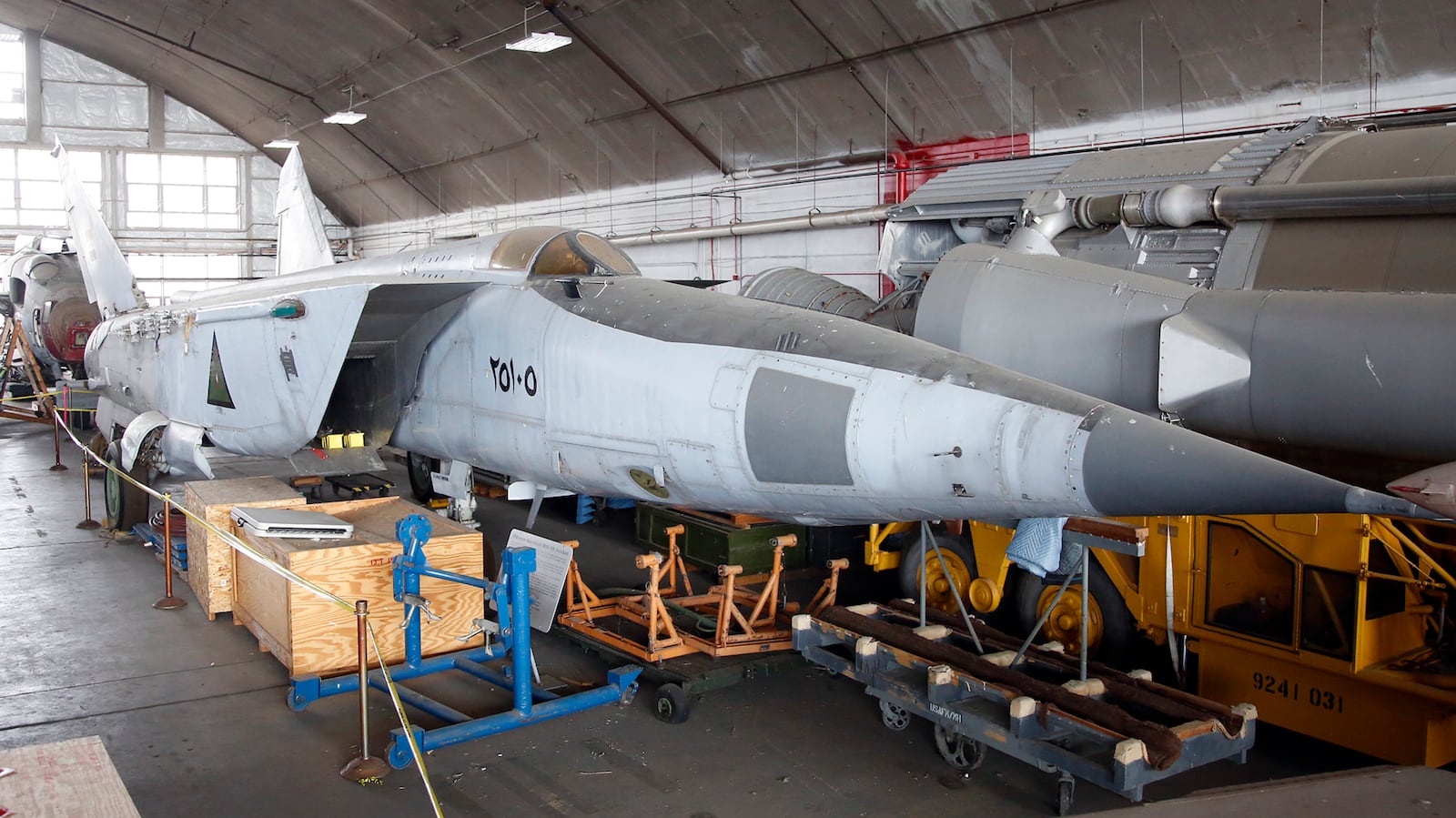 MiG-25 Foxbat inside the restoration and storage hangars at the National Museum of the United States Air Force.  This MiG was discovered buried in the sand by the U.S. Army in Iraq, 2003.  TY GREENLEES / STAFF