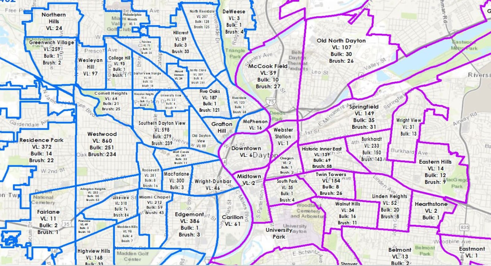 Vacant lots counts by neighborhood in Dayton. CONTRIBUTED