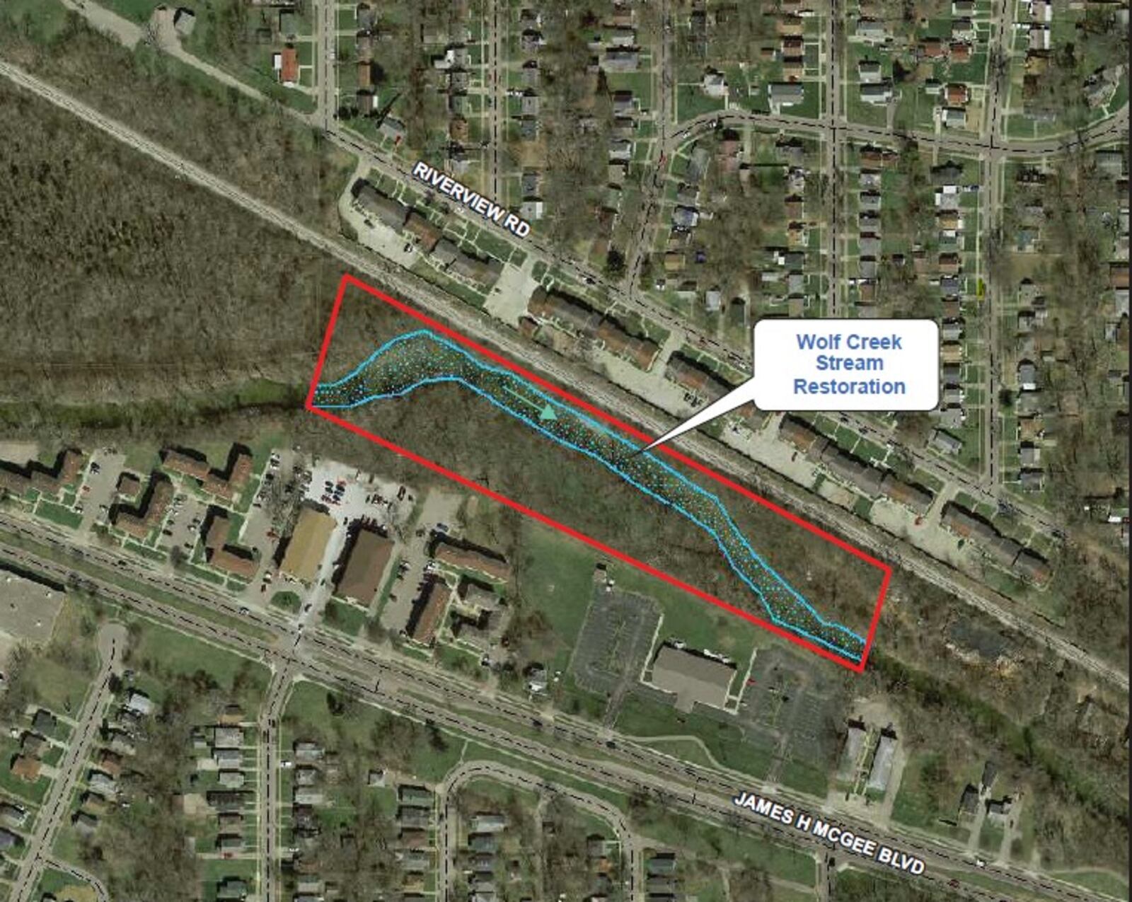 Dayton is planning a Wolf Creek stream restoration project for this part of the waterway in northwest Dayton. CONTRIBUTED