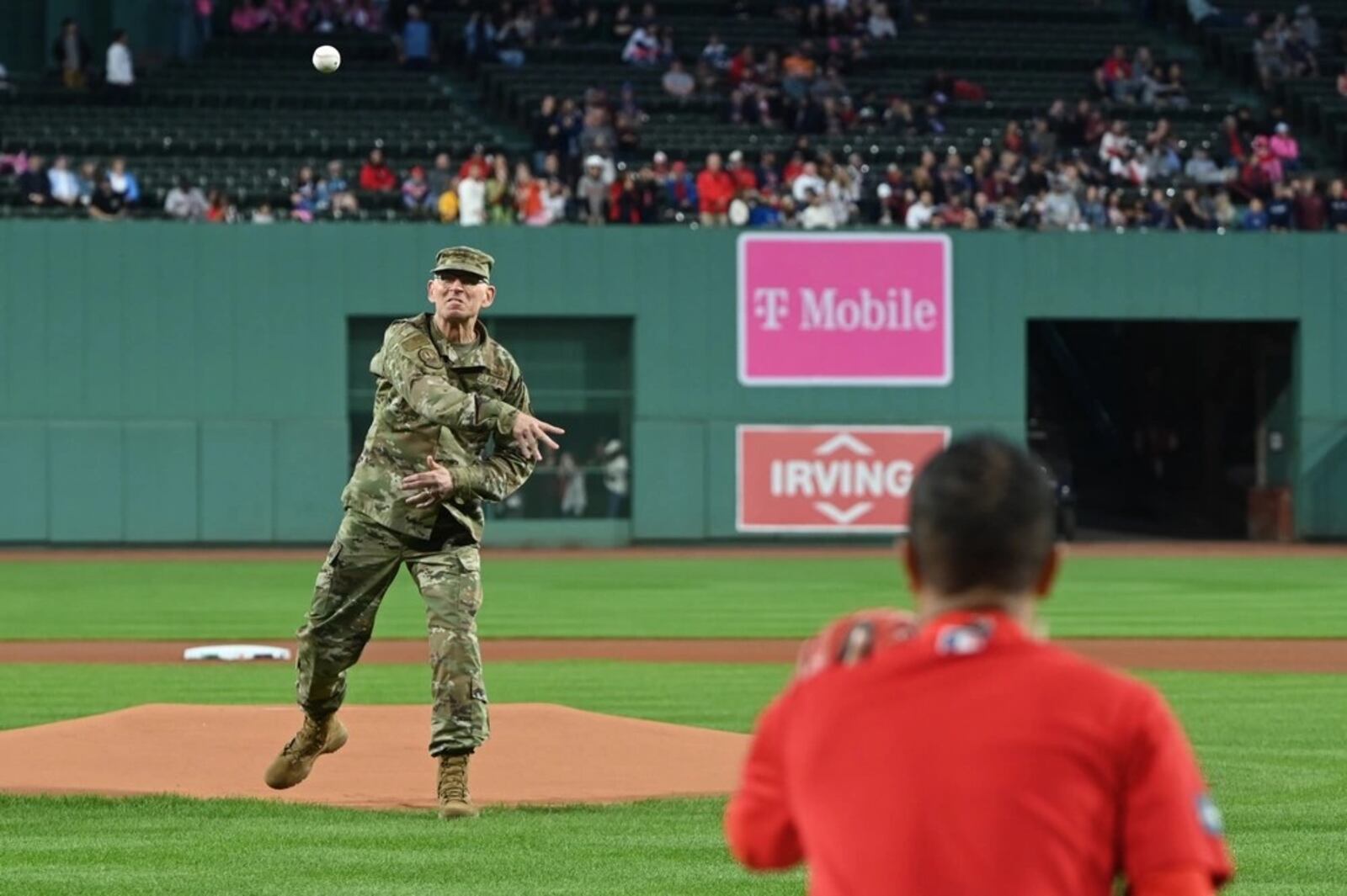 Gen. Duke Z. Richardson, Air Force Materiel Command commander, throws a ceremonial first pitch prior to a Boston Red Sox game at Fenway Park in Boston, Sept. 22, 2013.  (U.S. Air Force photo by Todd Maki)