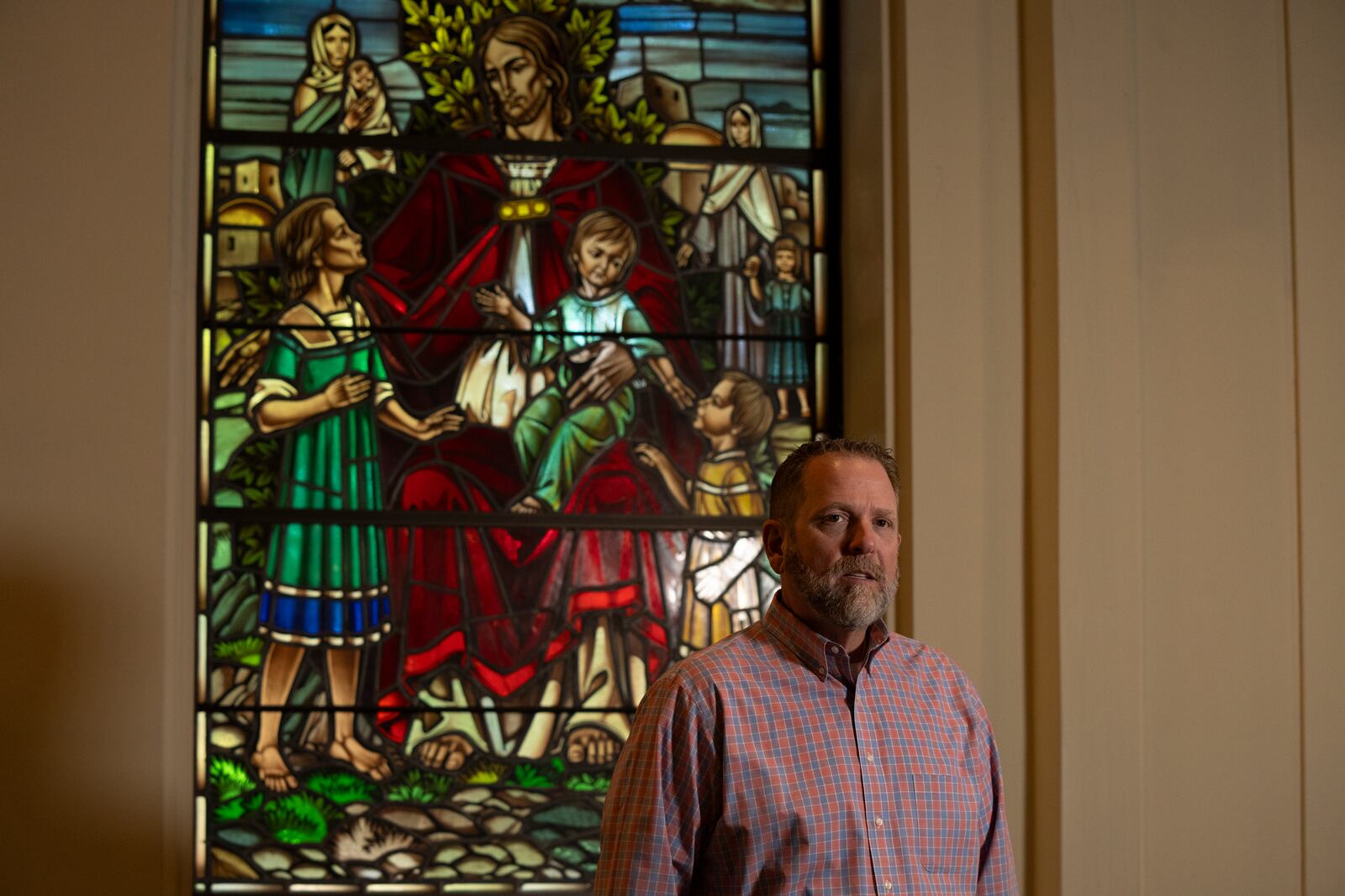 Pastor Rob Pochek of First Baptist Church poses for a portrait Oct. 10, 2024, in Charlottesville, Va. (AP Photo/Serkan Gurbuz)