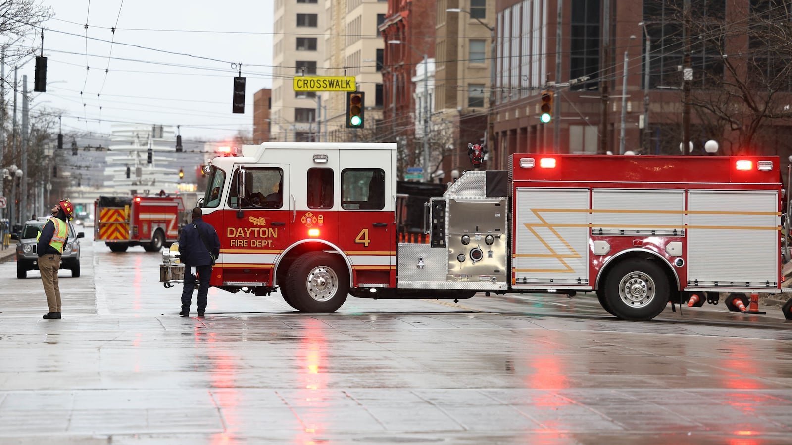 The Dayton Fire Department blocked off Main Street between East Second Street and East Third Street on Saturday afternoon due to damage reportedly sustained to Stratacache Tower. The facade of a neighboring building was reportedly falling onto Stratacache Tower. High winds are prevelant across the area; a wind advisory is in effect for the region. BRYANT BILLING/STAFF