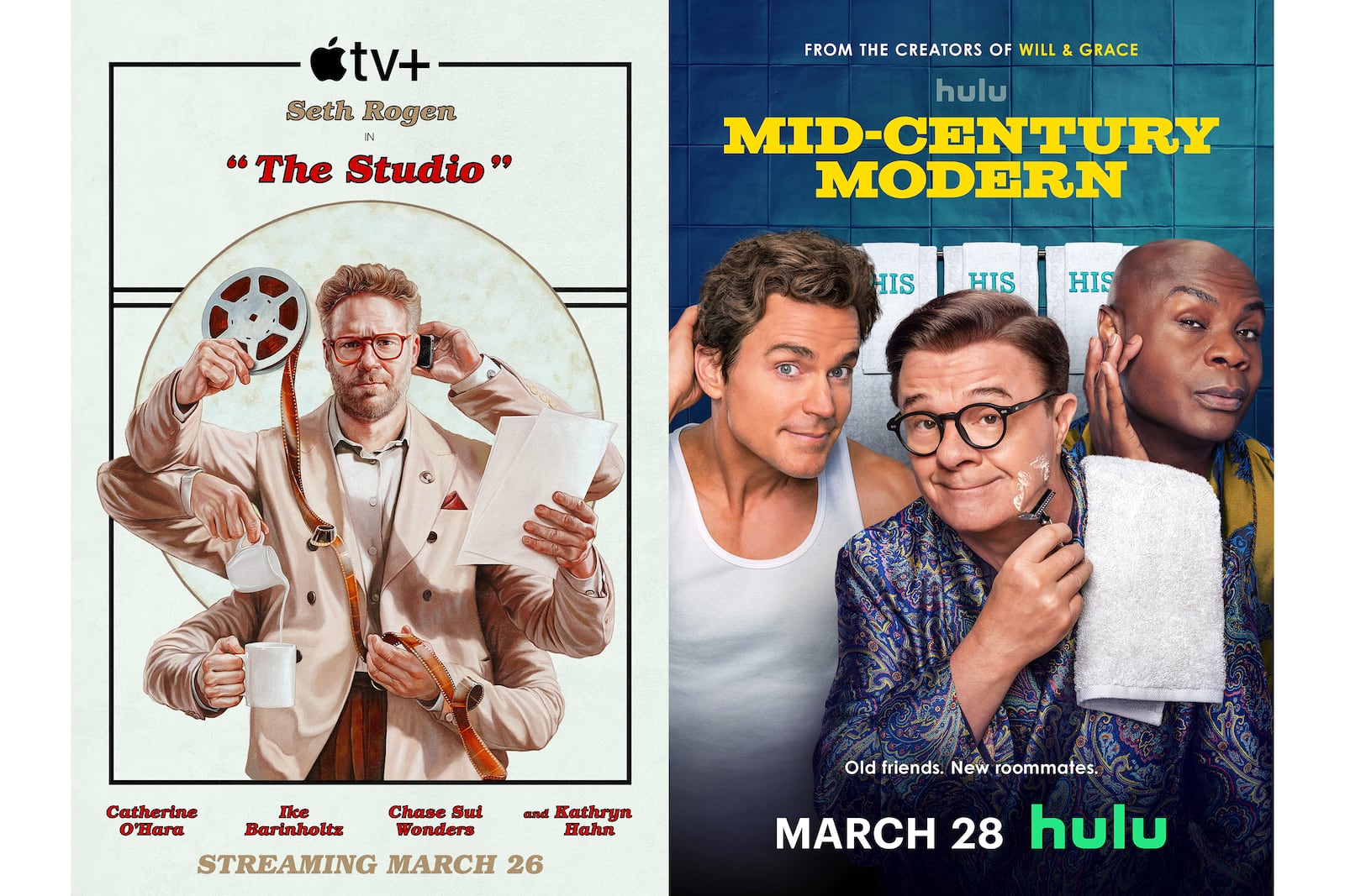 This combination of photos show promotional art for the series "The Studio," left, and the series "Mid-Century Modern." (Apple TV+/Hulu via AP)