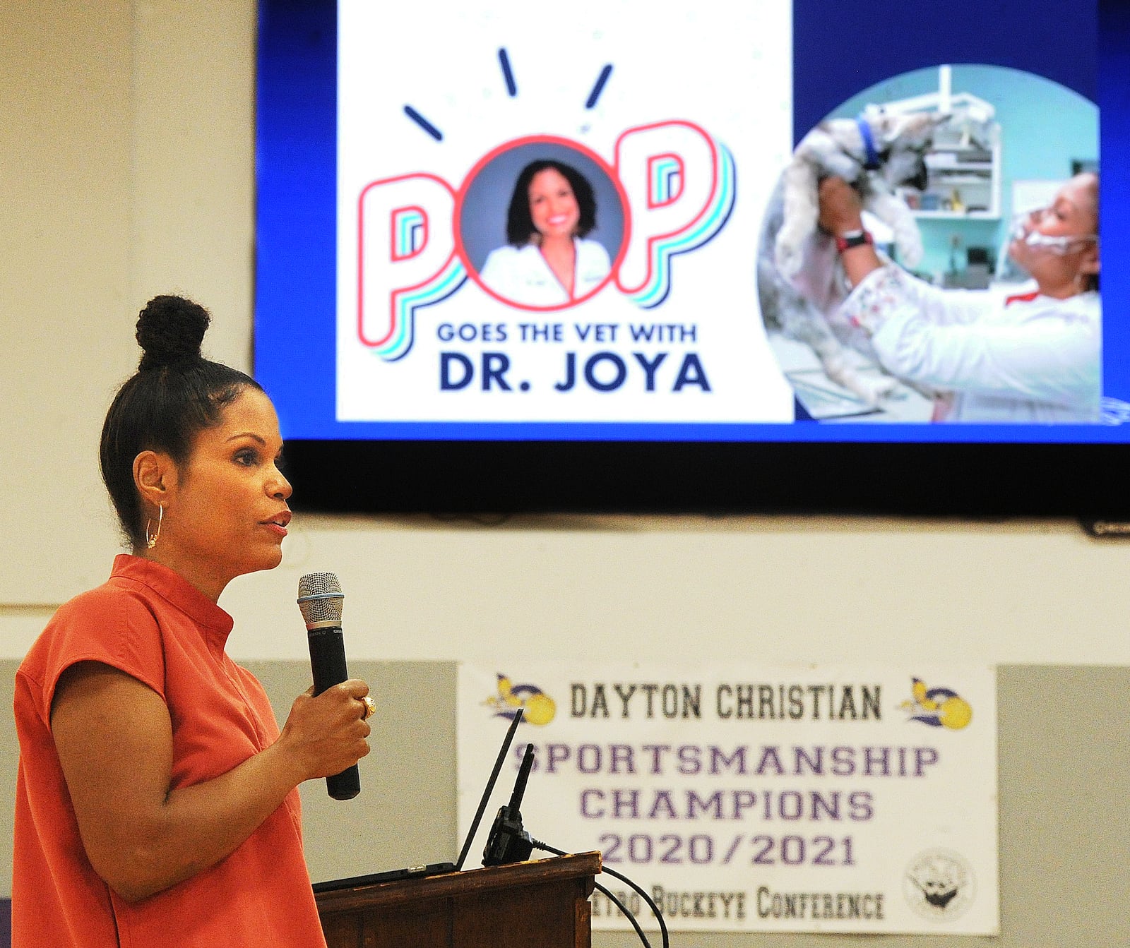 Dayton native Dr. Joya Griffin, a Dayton Christian High School graduate and the star of the National Geographic WILD series “Pop Goes the Vet with Dr. Joya,” returned to Dayton on Monday April 25, 2022, to discuss her journey to national TV with students at the school. MARSHALL GORBY\STAFF