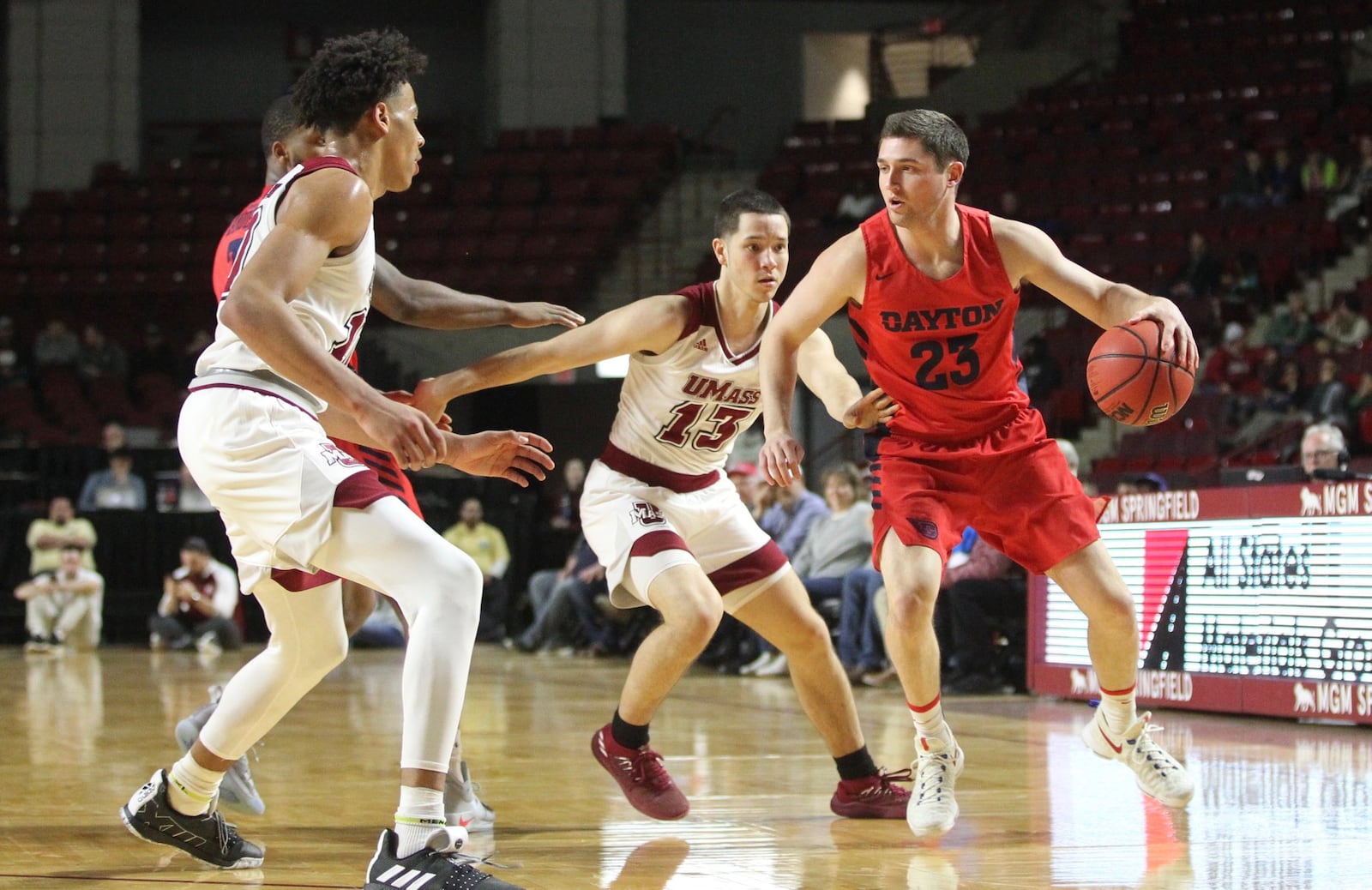 Dayton’s Jack Westerfield dribbles against Massachusetts on Tuesday, Feb. 26, 2019, at the Mullins Center in Amherst, Mass. David Jablonski/Staff