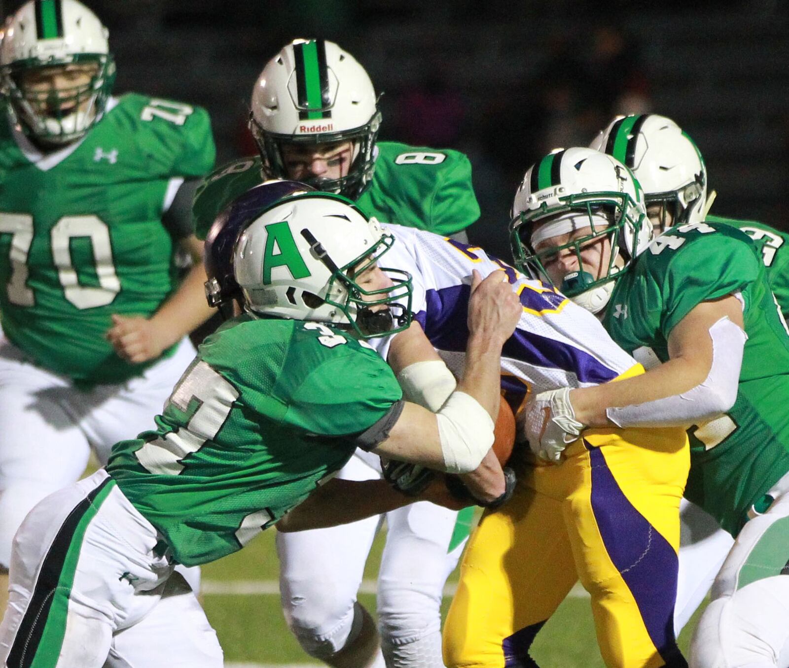 Anna senior linebacker Malachi Minnich (right) and senior safety Brandon Shannon (left) helped shut down Mechanicsburg 36-6 in a D-VI high school football state semifinal at Wapakoneta on Friday, Nov. 29, 2019. MARC PENDLETON / STAFF