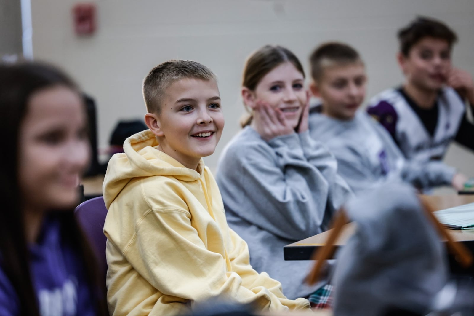 Bellbrook Middle School Hope Squad students from left, Ava Kapfhammer, Graeme Smith, Amelia Nichols and Jake Long discuss ideas for future Hope Squad events to help cheer their fellow students up. Jim Noelker/ Staff