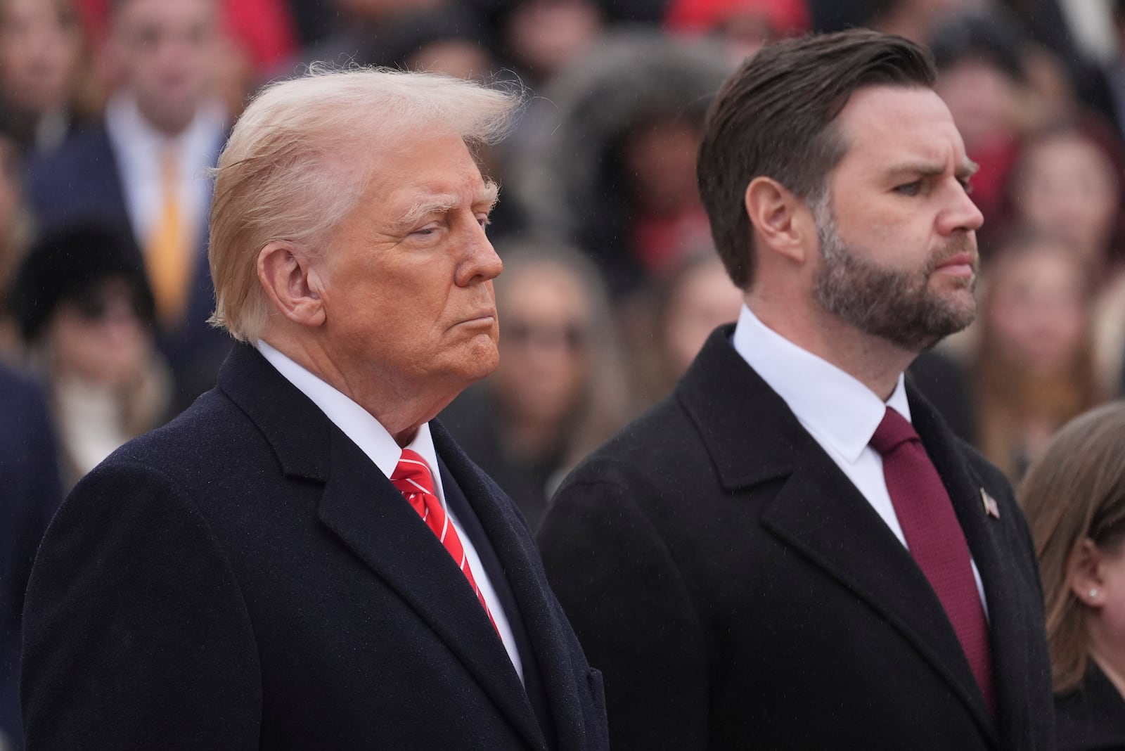 President-elect Donald Trump and Vice President-elect JD Vance participate in a wreath laying ceremony at the Tomb of the Unknown Solider at Arlington National Cemetery, Sunday, Jan. 19, 2025, in Arlington, Va. (AP Photo/Evan Vucci)