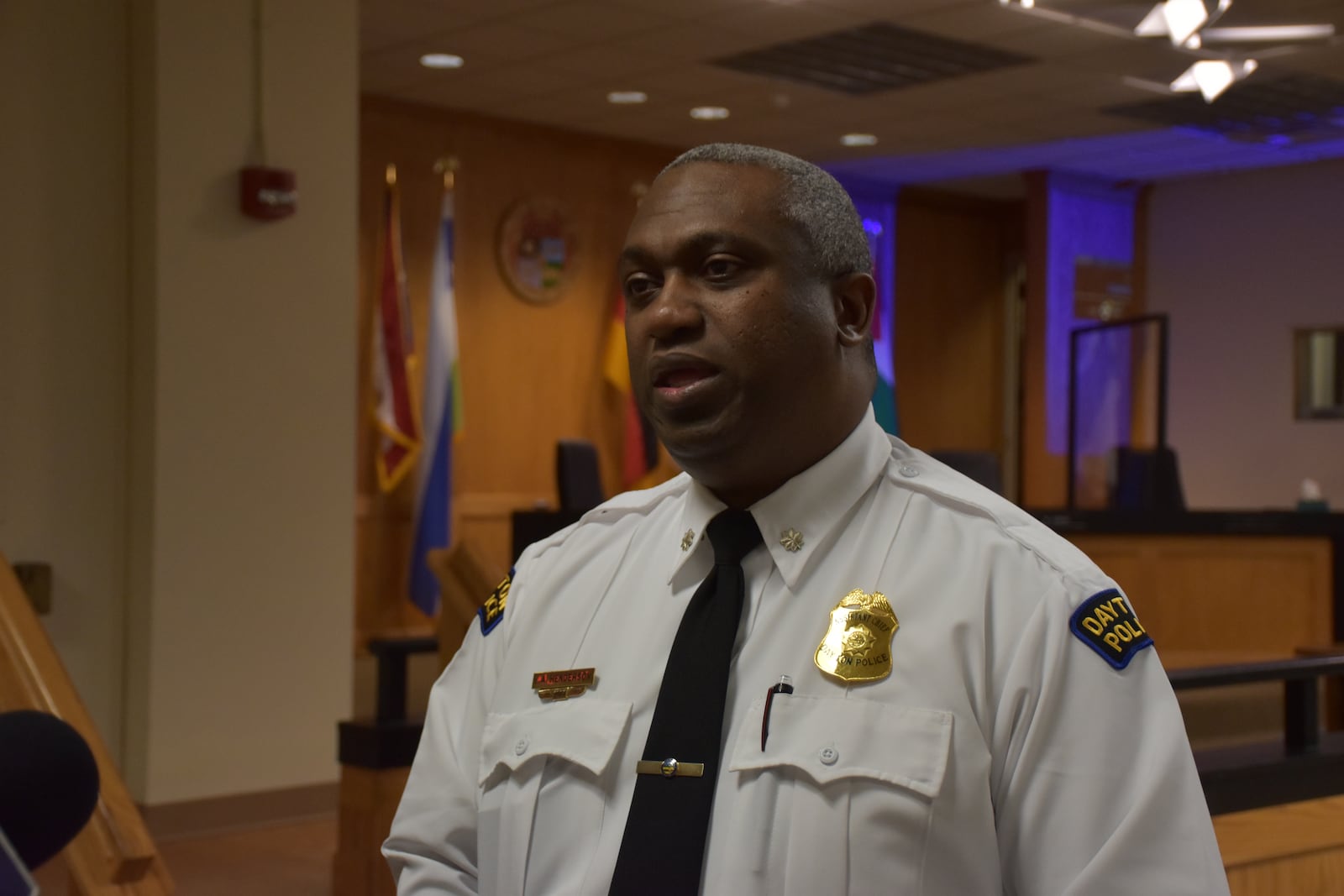 Dayton police Lt. Col. Eric Henderson, assistant police chief, talks about the city's new "nuisance parties" law at City Hall on Wednesday, Feb. 21, 2024. CORNELIUS FROLIK / STAFF