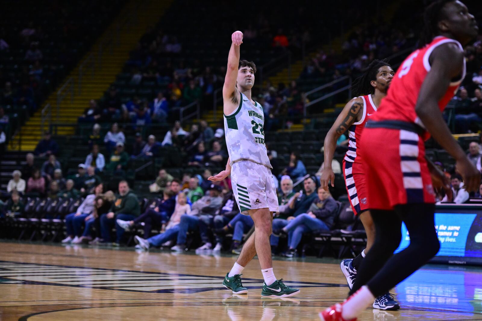 Andrew Welage watches his three-point attempt during a game vs. Detroit Mercy at the Nutter Center on Jan. 25, 2025. Joe Craven/Wright State Athletics