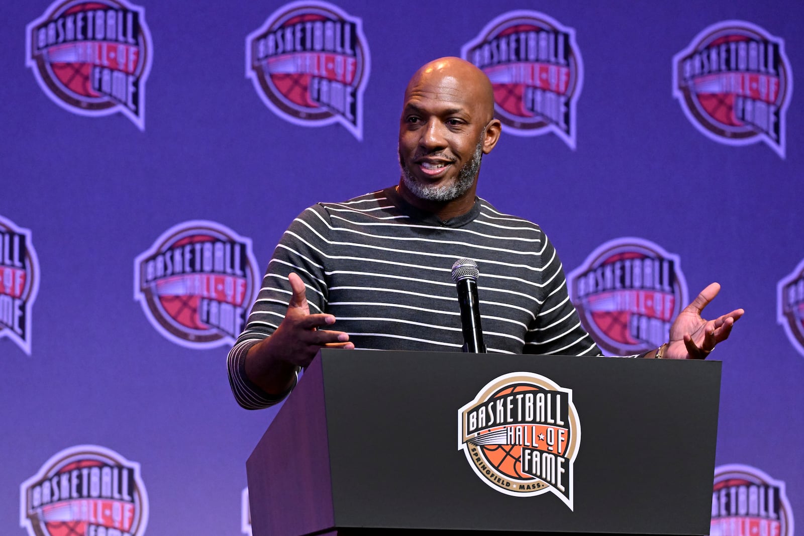 Basketball Hall of Fame Class of 2024 inductee Chauncey Billups speaks at a hall of fame news conference at Mohegan Sun, Saturday, Oct. 12, 2024, in Uncasville, Conn. (AP Photo/Jessica Hill)