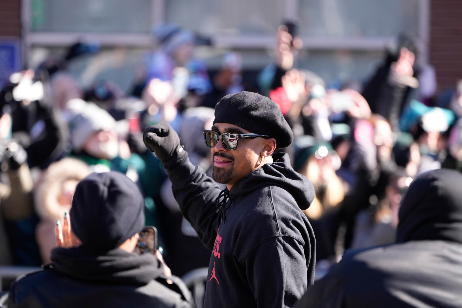 Philadelphia Eagles' Jalen Hurts celebrates during the NFL football Super Bowl 59 parade and celebration, Friday, Feb. 14, 2025, in Philadelphia. (AP Photo/Matt Slocum)